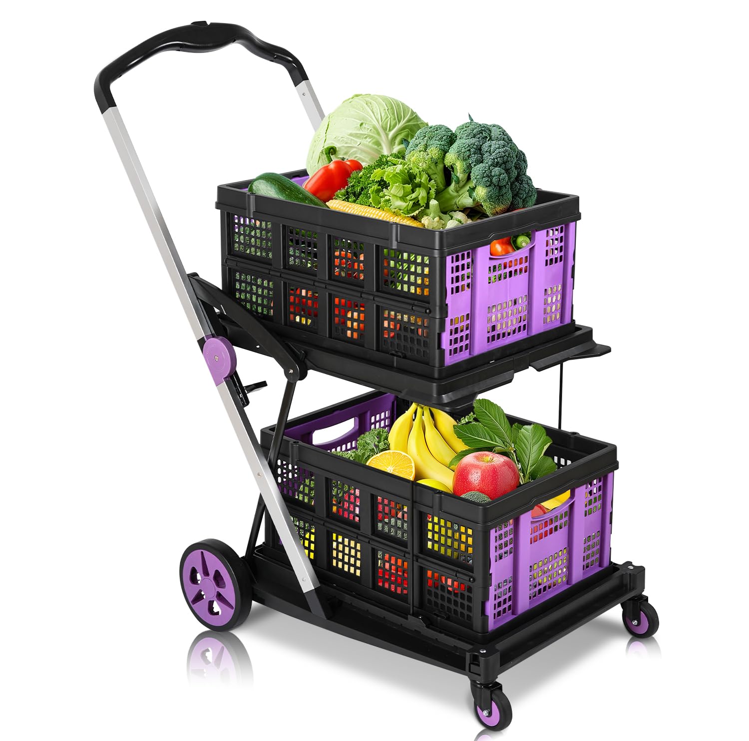 Collapsible Shopping Cart on Wheels, Folding Shopping Cart with 360 Swivel Wheels, Multi Use Utility Cart Adjustable Portable Tr