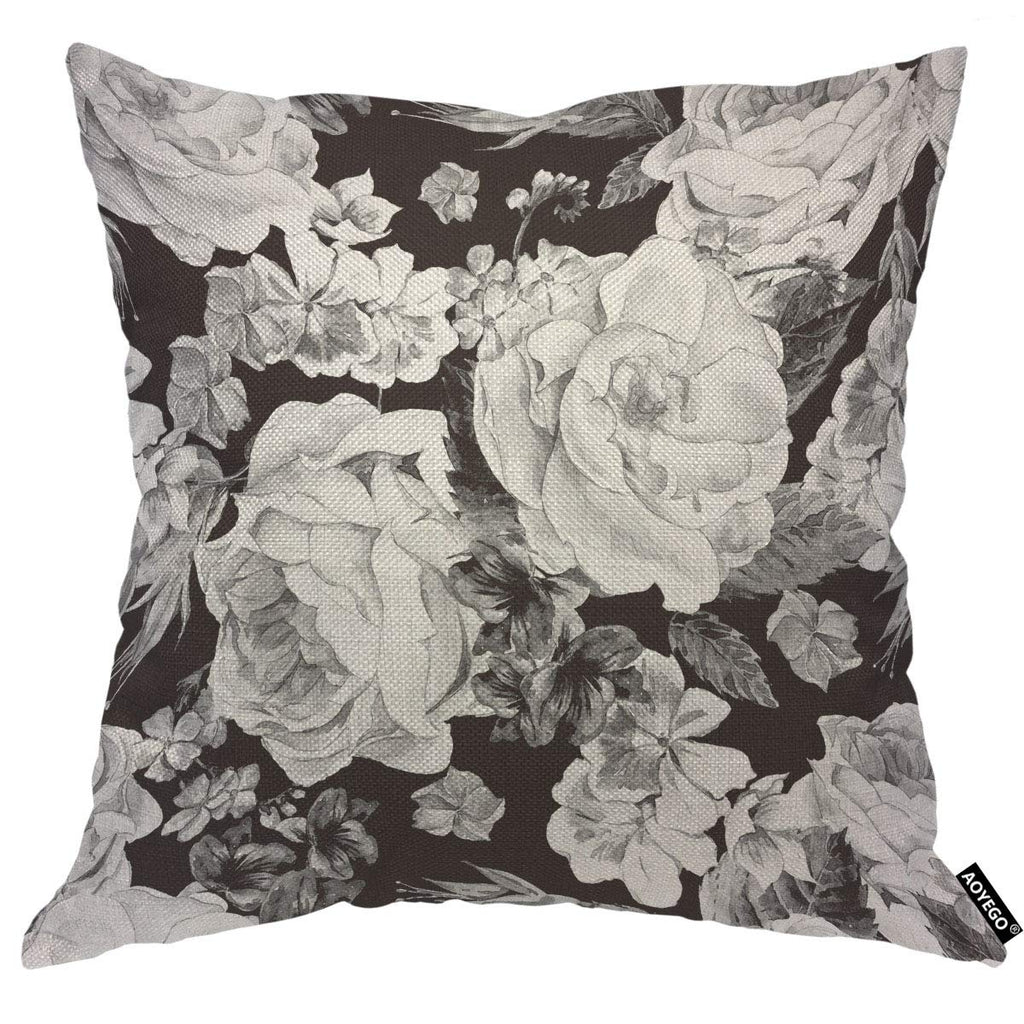 Aoyego Black White Rose Throw Pillow Cover Floral Bouquet Botanical Plant Nature Leaves Bloom Wild Flowers Petal Daisy Pillow Ca