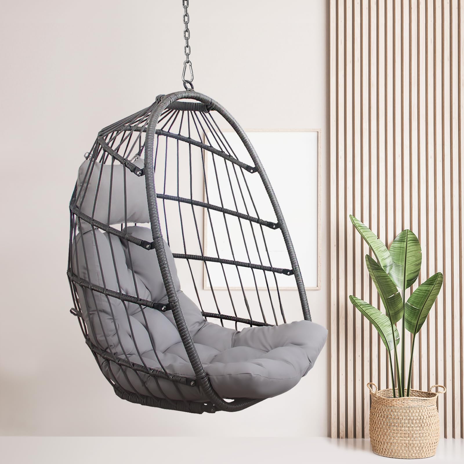 Radiata Foldable Wicker Rattan Hanging Egg Chair Without Stand, Swing Chair With Cushion And Pillow, Lounging Chair, Hammock Chair For Indoor Outdoor Bedroom Patio Garden (Grey Without Stand)