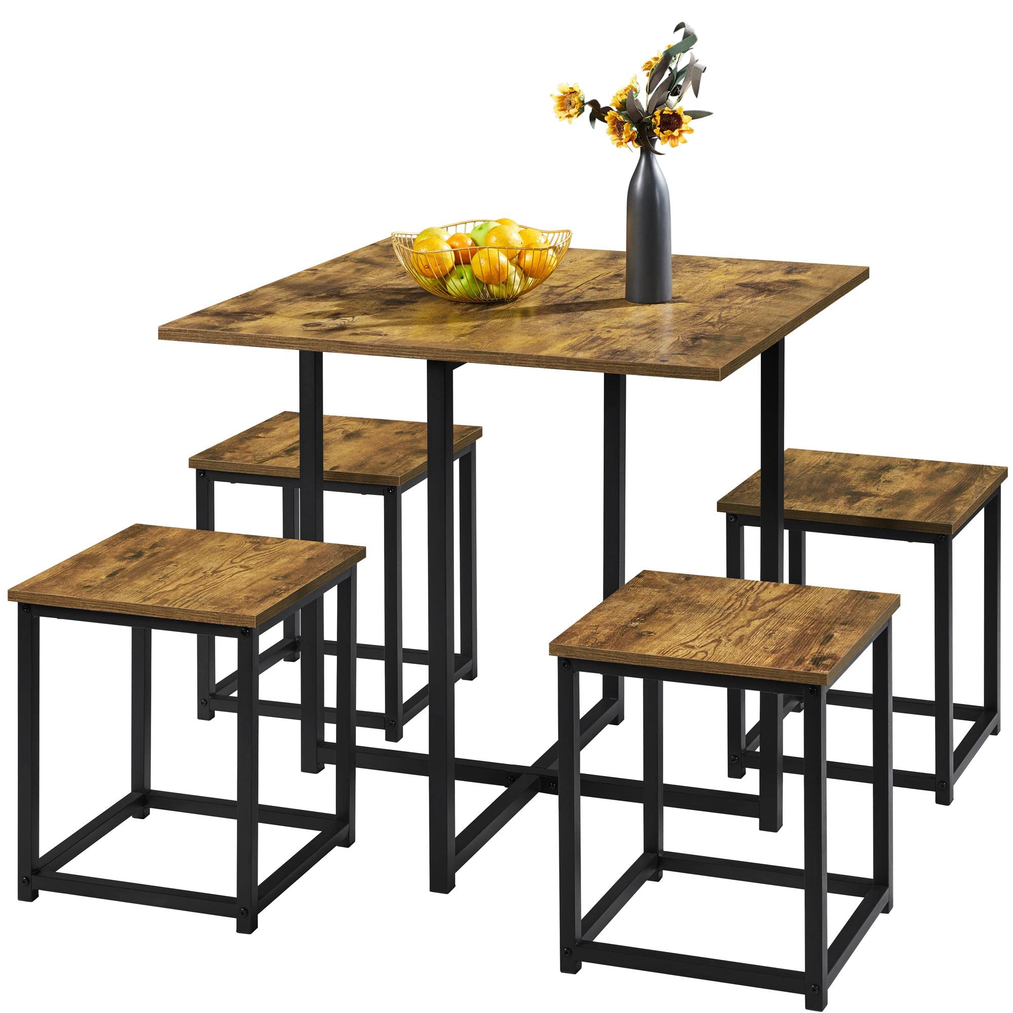 Yaheetech 5 Piece Dining Table & Chair Set - Compact Wood Table Sets Home Furniture for Kitchen Dining Room Small Space -Rustic 