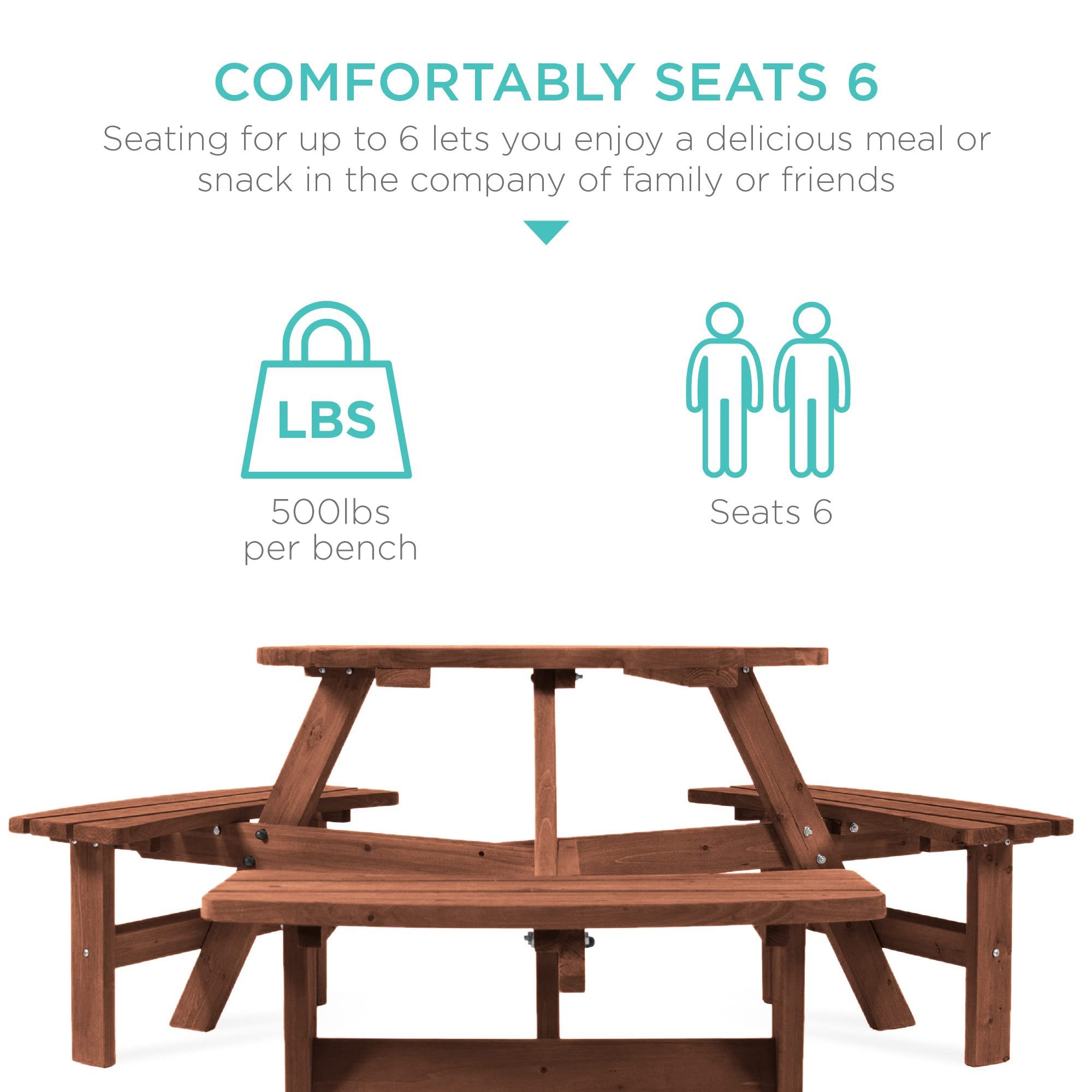 Best Choice Products 6-Person Circular Outdoor Wooden Picnic Table For Patio, Backyard, Garden, Diy W/ 3 Built-In Benches, 500Lb Capacity - Walnut Brown