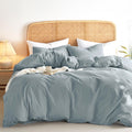 Wake In Cloud - Cotton Duvet Cover Set, Twin Size, Light Denim Blue, 100% Washed Cotton, Linen Like Textured, Breathable Percale
