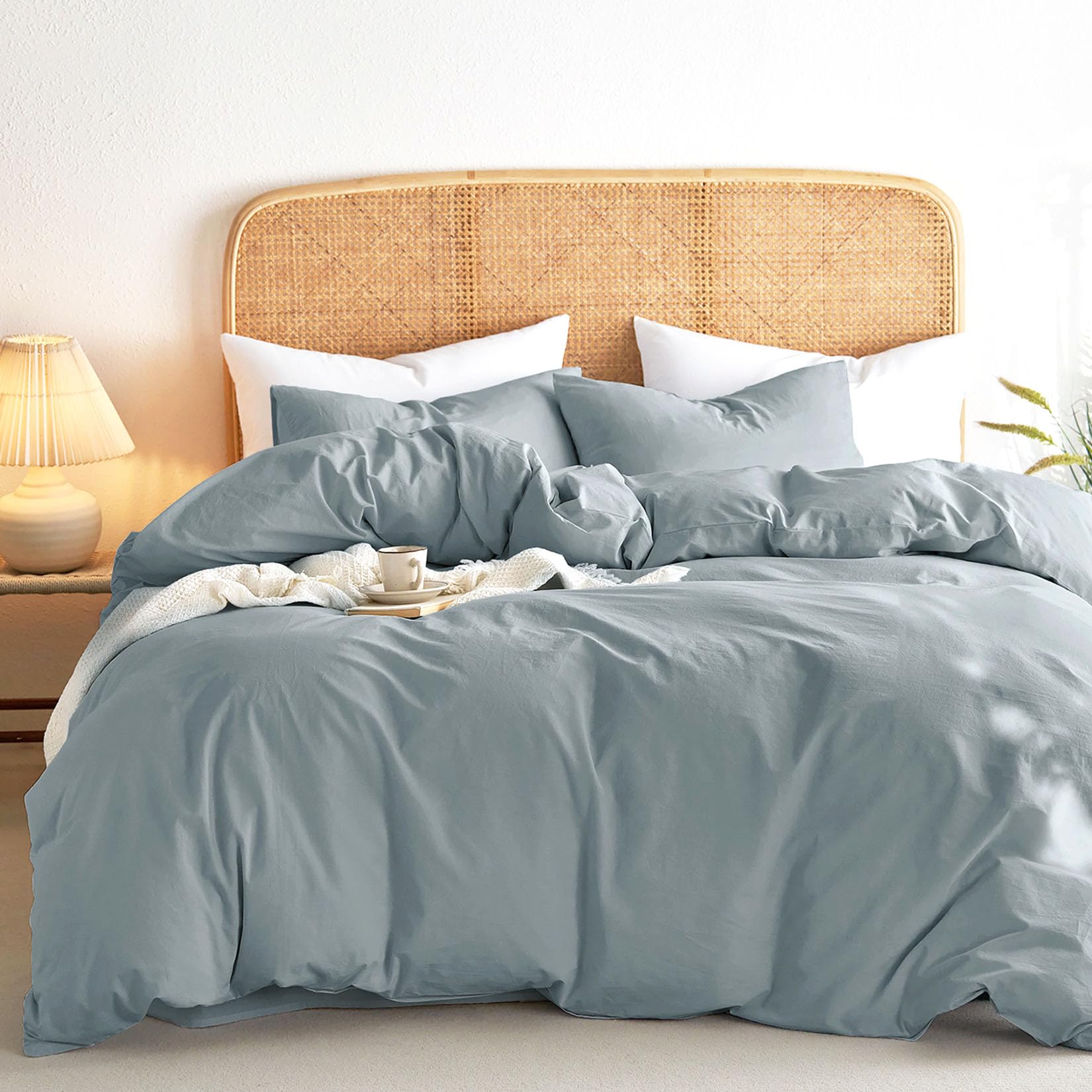 Wake In Cloud - Cotton Duvet Cover Set, Twin Size, Light Denim Blue, 100% Washed Cotton, Linen Like Textured, Breathable Percale