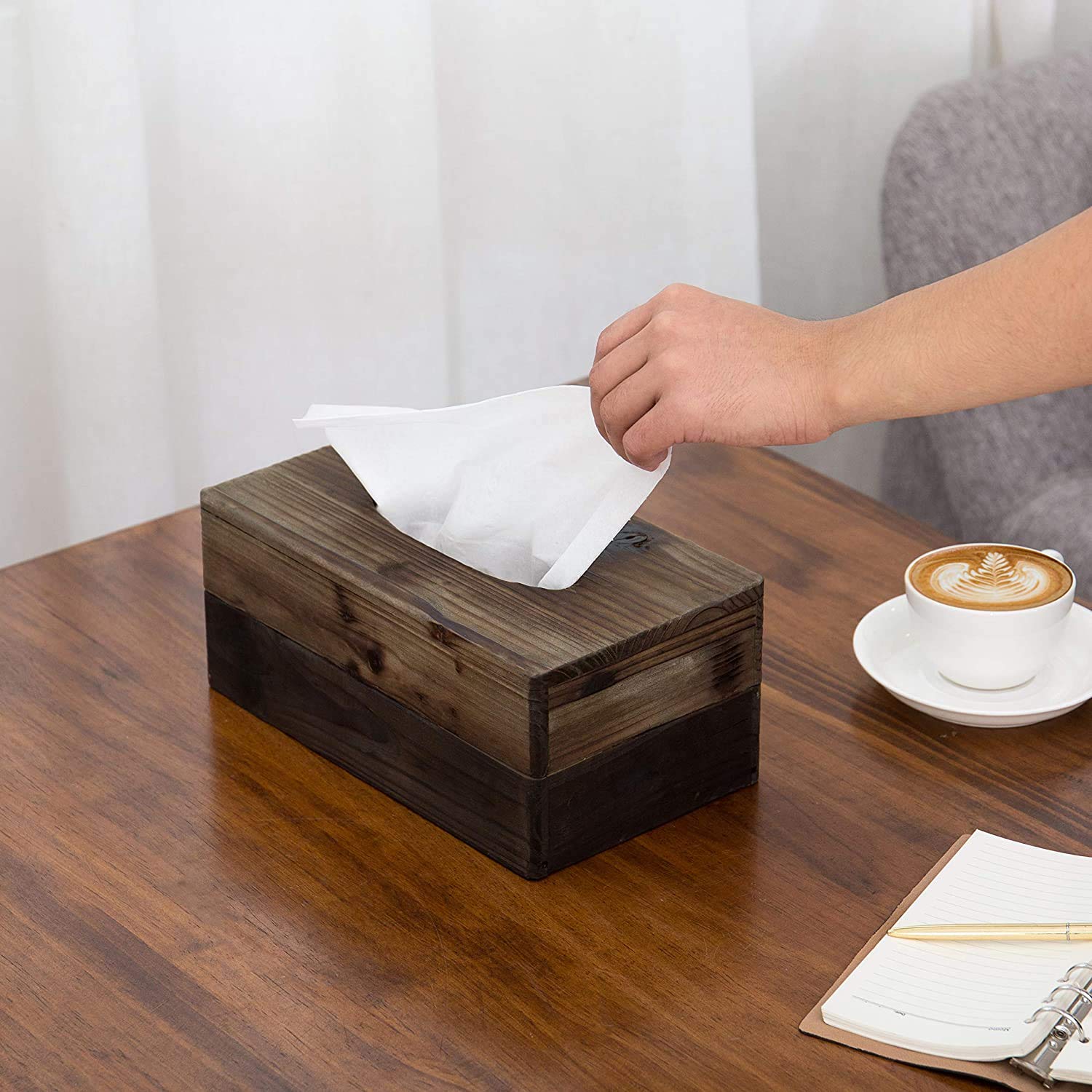 Mygift Rustic Dark Torched Wood Rectangular Tissue Box Holder Cover, Bathroom Facial Tissue Box Cover With Easy Refill Slide Out