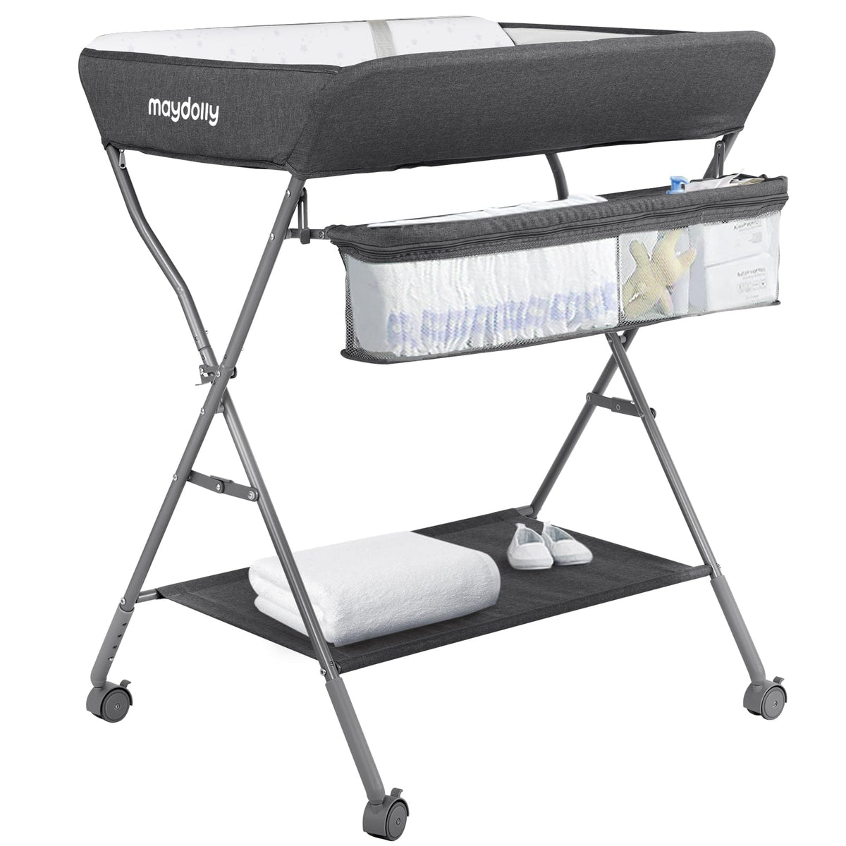 Baby Changing Table with Wheels, Maydolly Portable Adjustable Height Folding Diaper Station with Nursery Organizer & Storage Rac