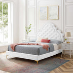 Modway Gwyneth Tufted Performance Velvet Twin Platform Bed in White with Gold Metal Legs