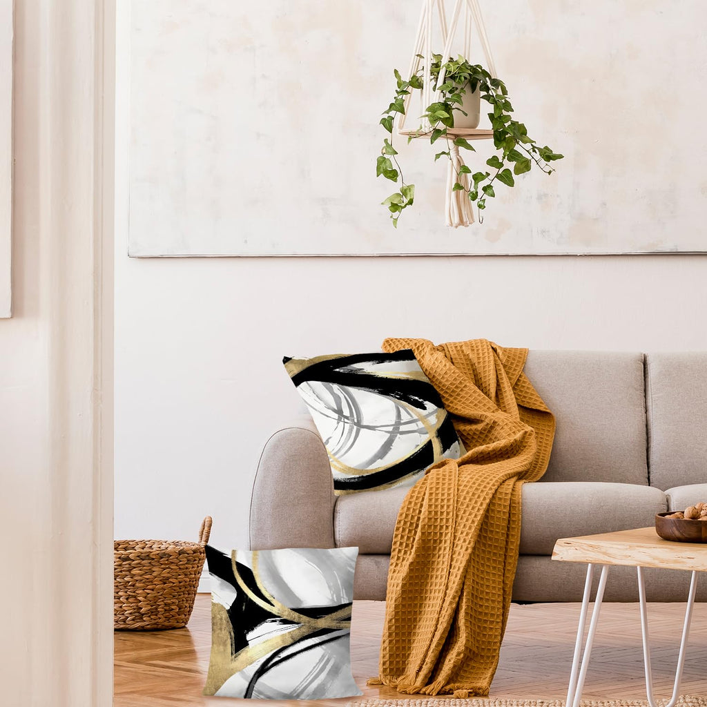 Supwhd Black White And Gold Pillow Covers, Abstract Black And Gold Pillow Covers 20X20 Set Of 2, Modern Boho Home Decor, Black A