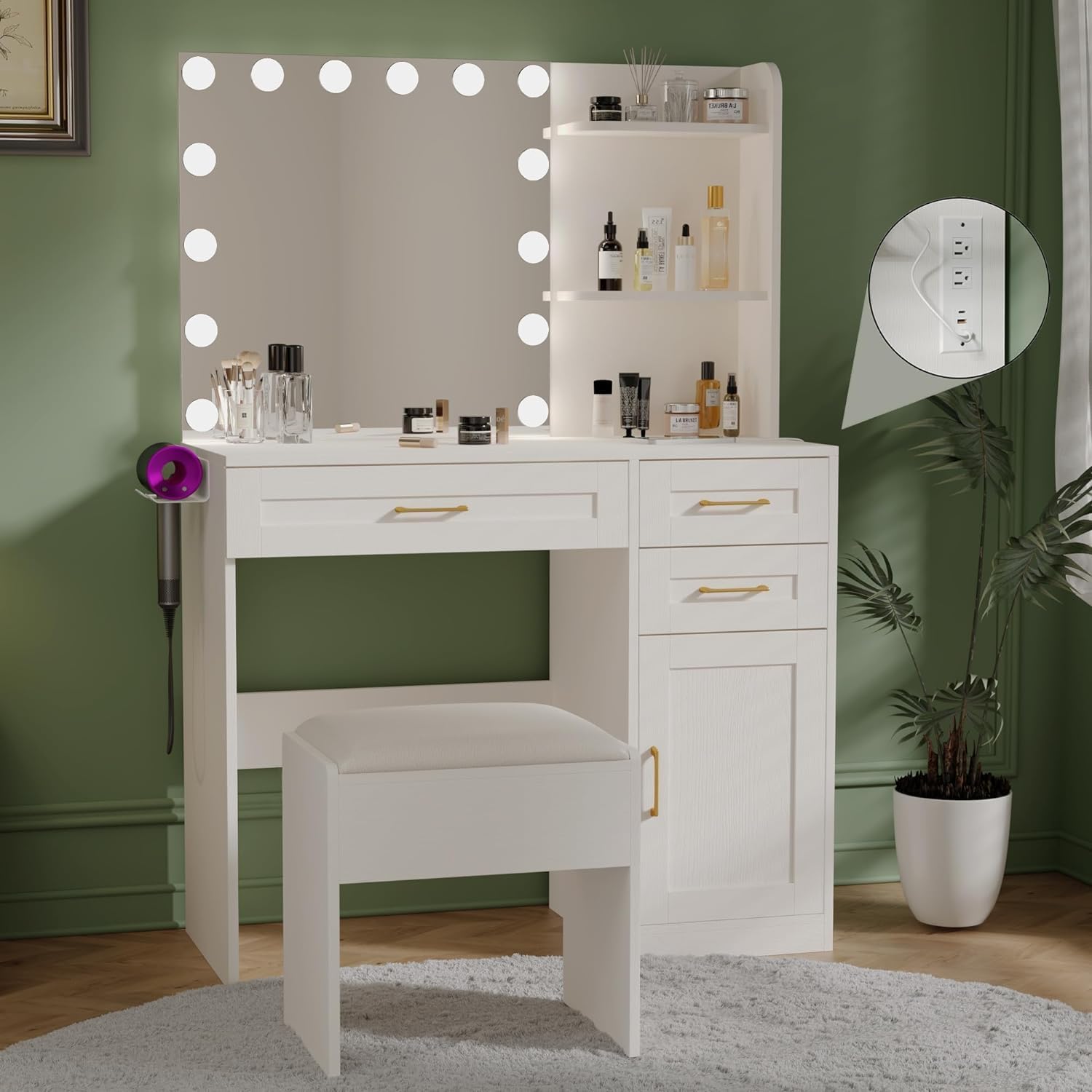 Huahuu Vanity Desk With Lights, 37Inch Makeup Vanity Desk With Mirror & Power Outlet, 3 Colors Lighting Adjustable Brightness, M