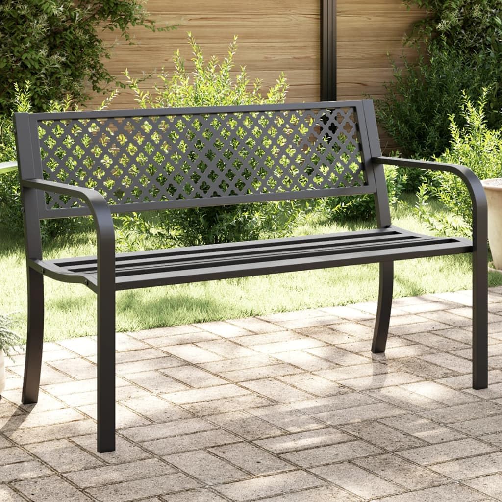 vidaXL 46.9" Black Powder-Coated Steel Garden Bench - Outdoor Patio Seating with Armrests, Easy Assembly for Garden/Patio