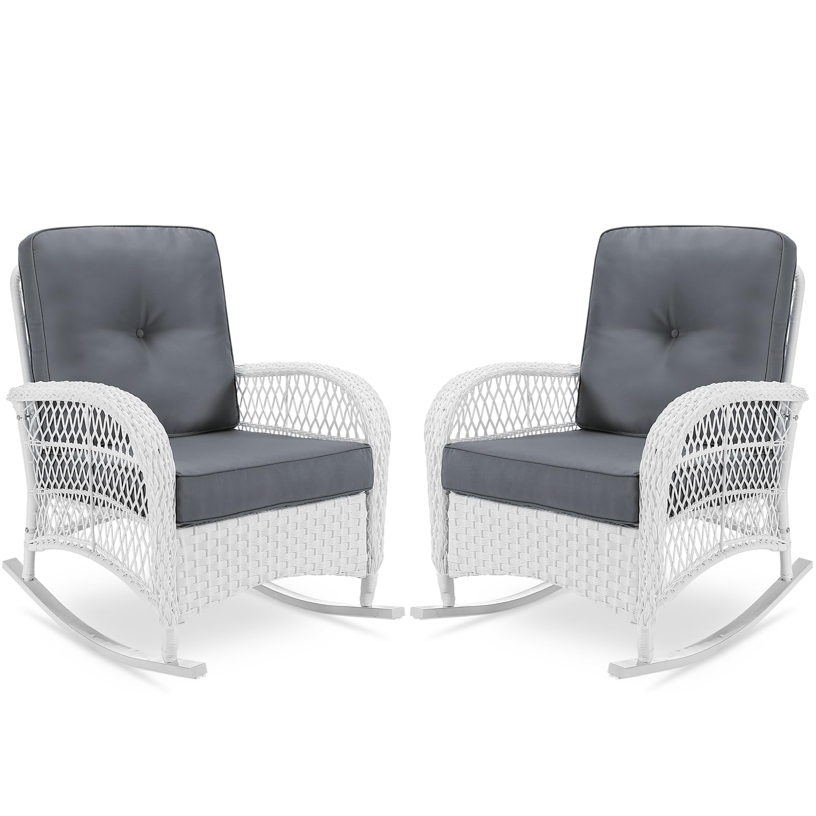 Vivijason 2 Piece Patio Wicker Rattan Rocker Chair, Outdoor Rattan Rocker Chair With Cushions & Steel Frame, All-Weather Rocking Lawn Wicker Furniture For Garden Backyard Porch (White Wicker/Grey)
