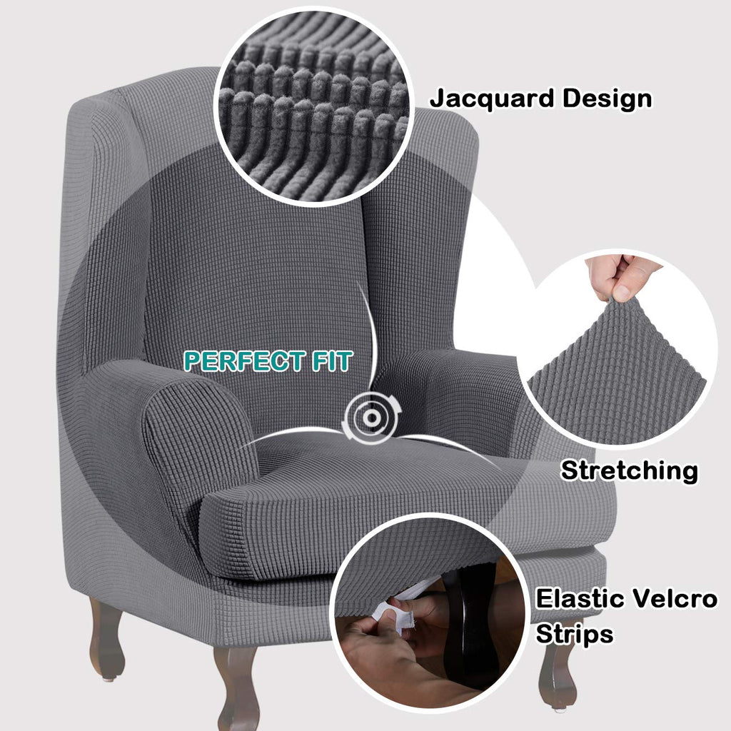 Turquoize Wingback?hair?overs 2 Piece?ing?hair?lipcover Stretch Slipcovers For Wingback Chairs Wing Chair Cover Spandex Jacquard Fabric With Elastic Bottom Non-Slip Furniture Cover, Charcoal Gray