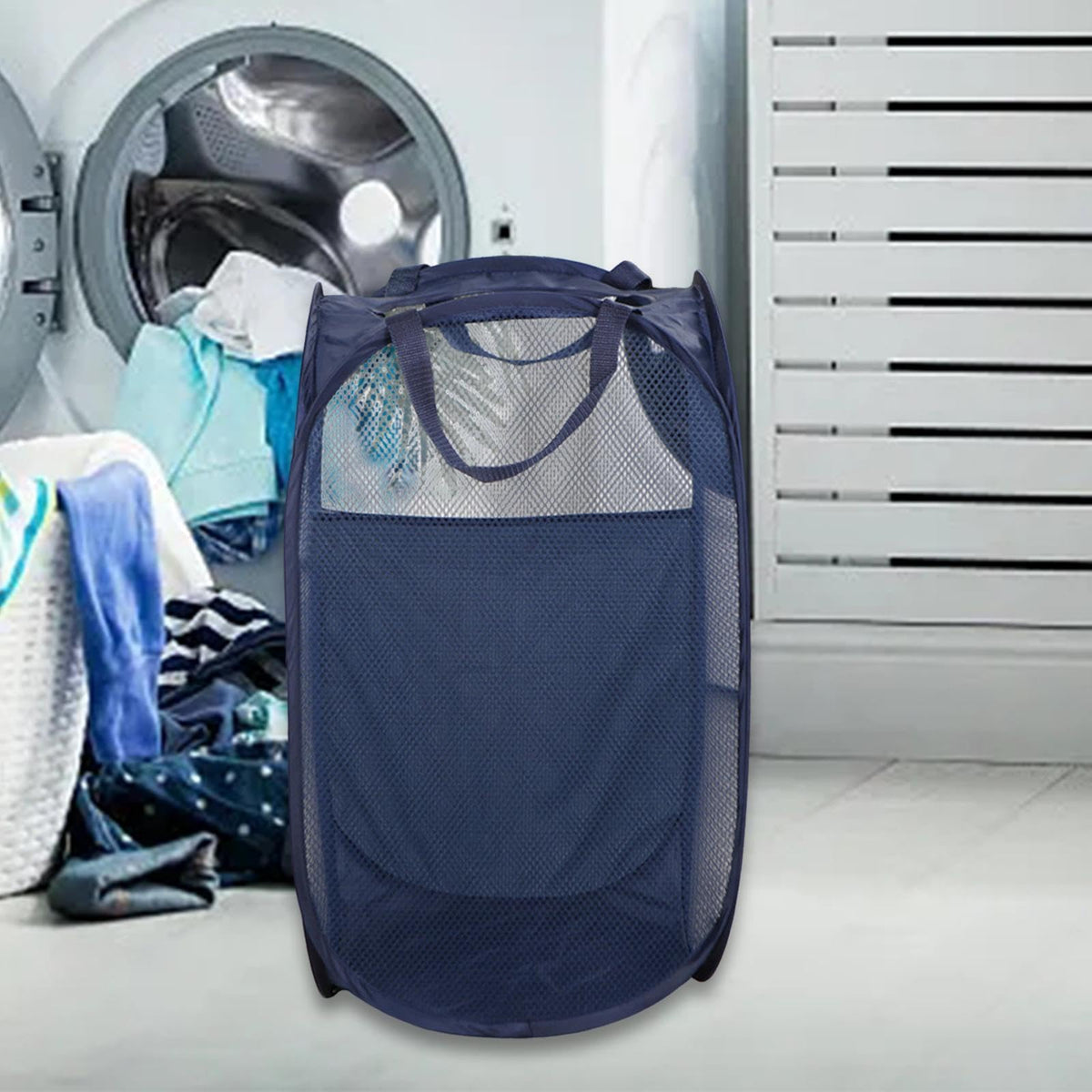 TRENDIVIBE Laundry Basket Polyester Portable Clothes Hamper for Bathroom Dormitory Home Dark Blue