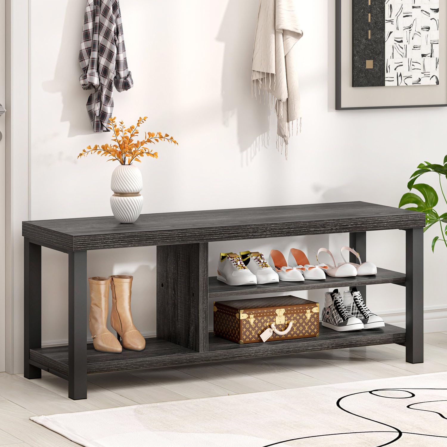 FOLUBAN Entryway Bench, Rustic Wood Shoe Storage Bench for Hallway Front Door Entrance, Industrial Indoor Bench for Bedroom Livi
