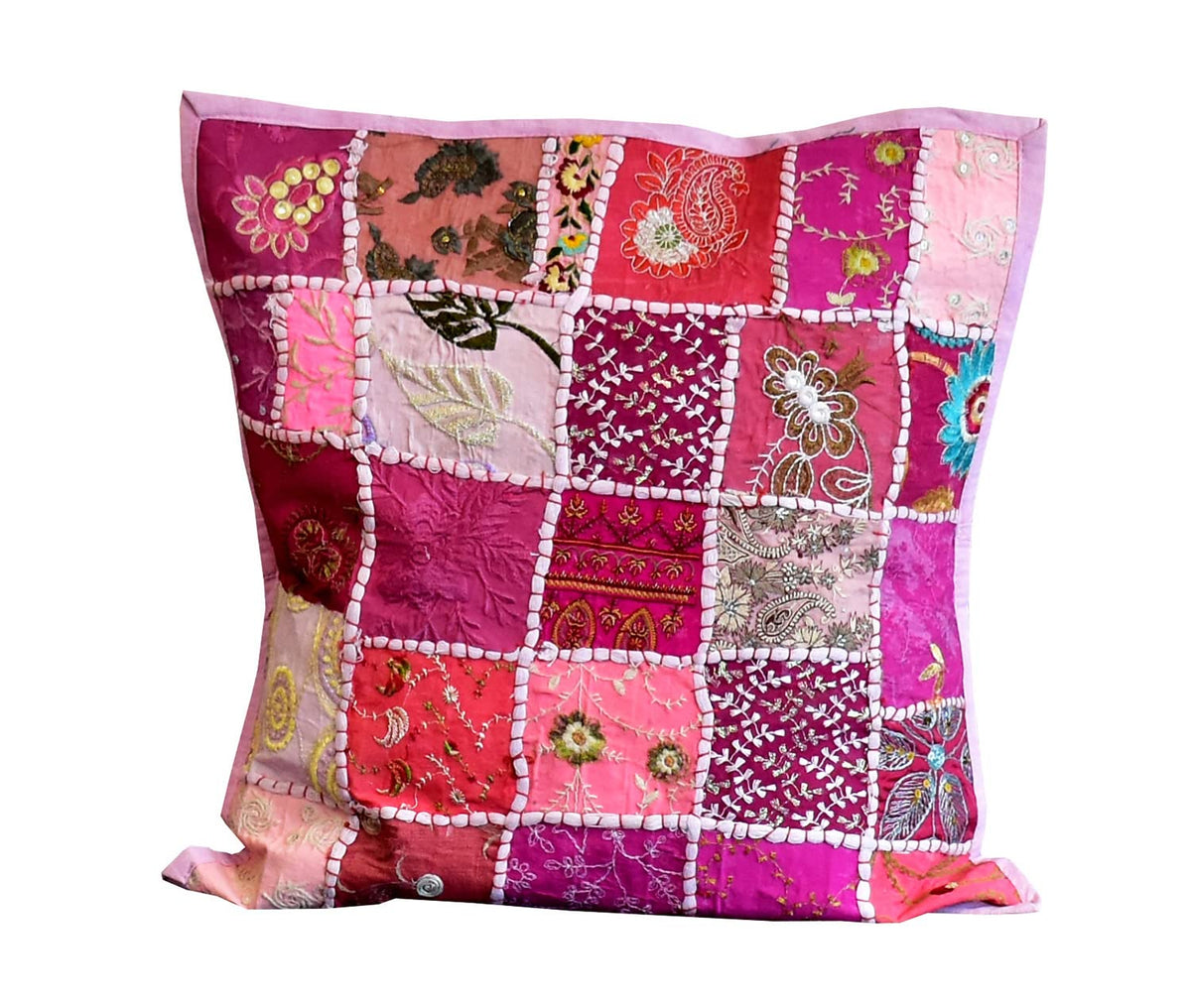 Samdecors 17X17 Cotton Patchwork Khambadiya Square Cushion/Pillow Designer Cover Pink (Only Cover, Without Any Filling)