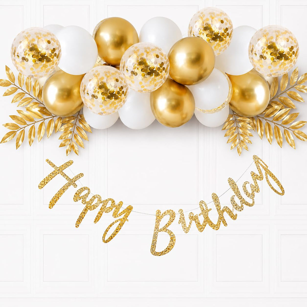 White Happy Birthday Decoration Kit with Balloon Garland | Chrome Balloons, White Latex Balloons, Confetti Balloons, Happy Birth