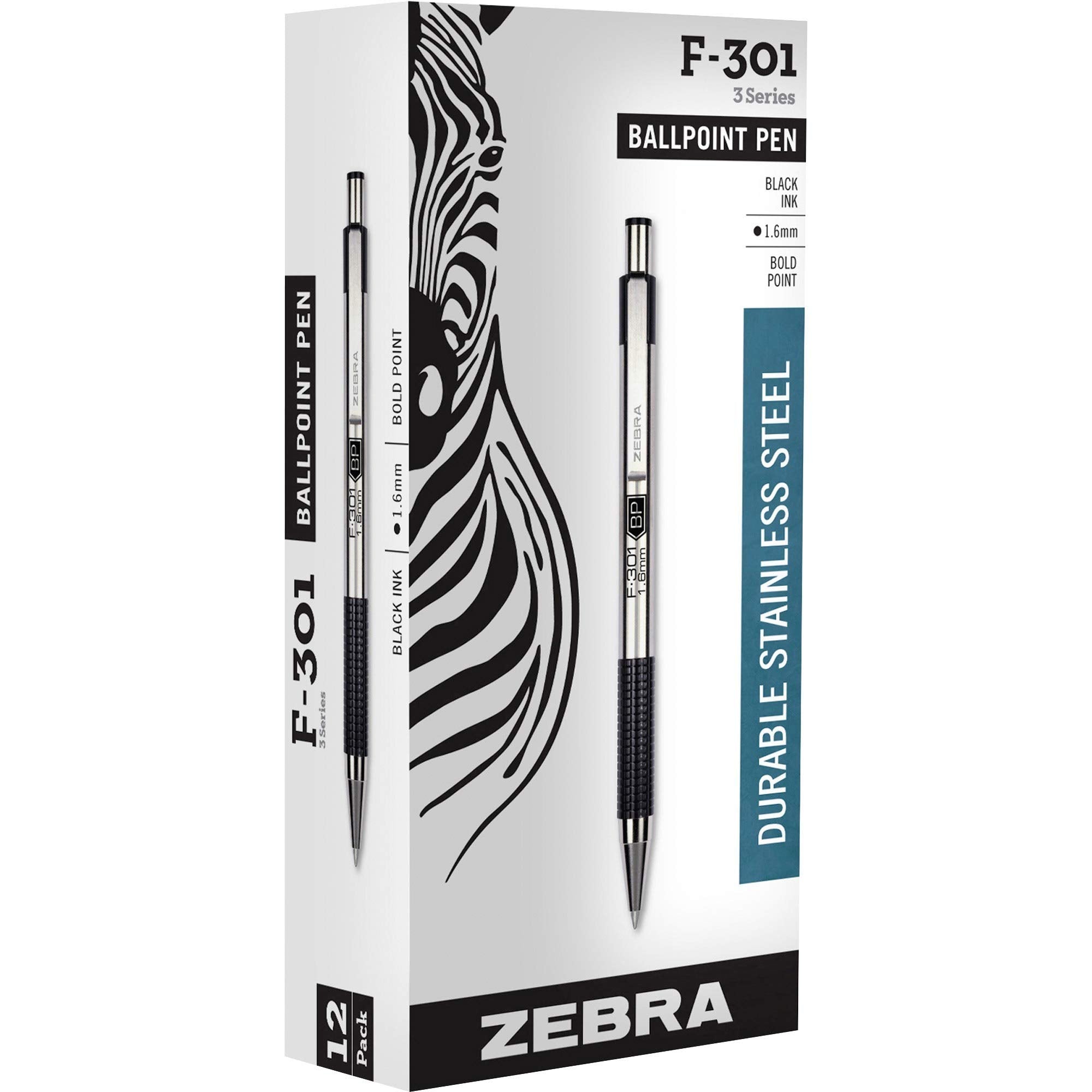 Zebra Pen F-301 Retractable Ballpoint Pen, Stainless Steel Barrel, Bold Point, 1.6Mm, Black Ink, 12-Pack