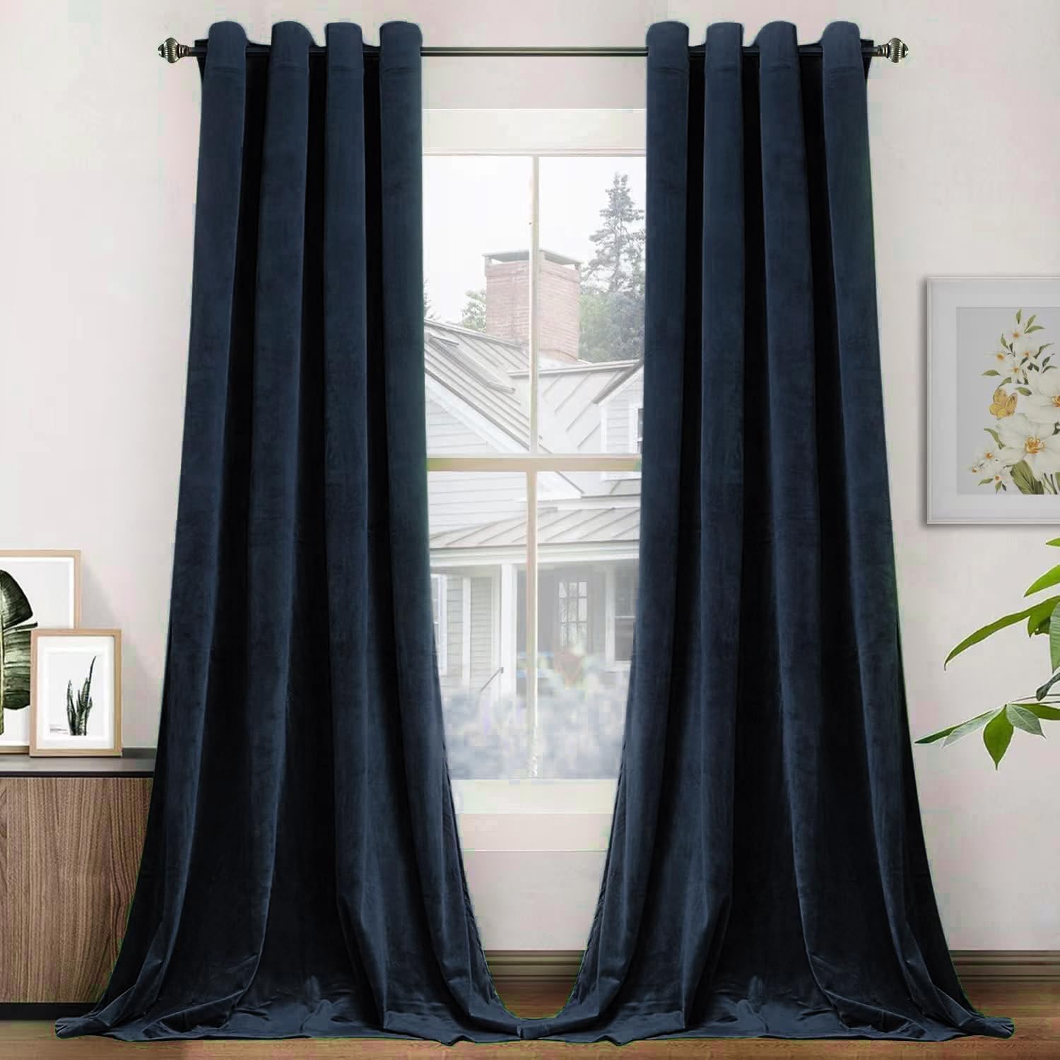 Smiletime Navy Blue 90In Long Velvet Curtains With Grommet, Thermal Insulated Super Soft Privacy Noise Reducing Light Blocking V