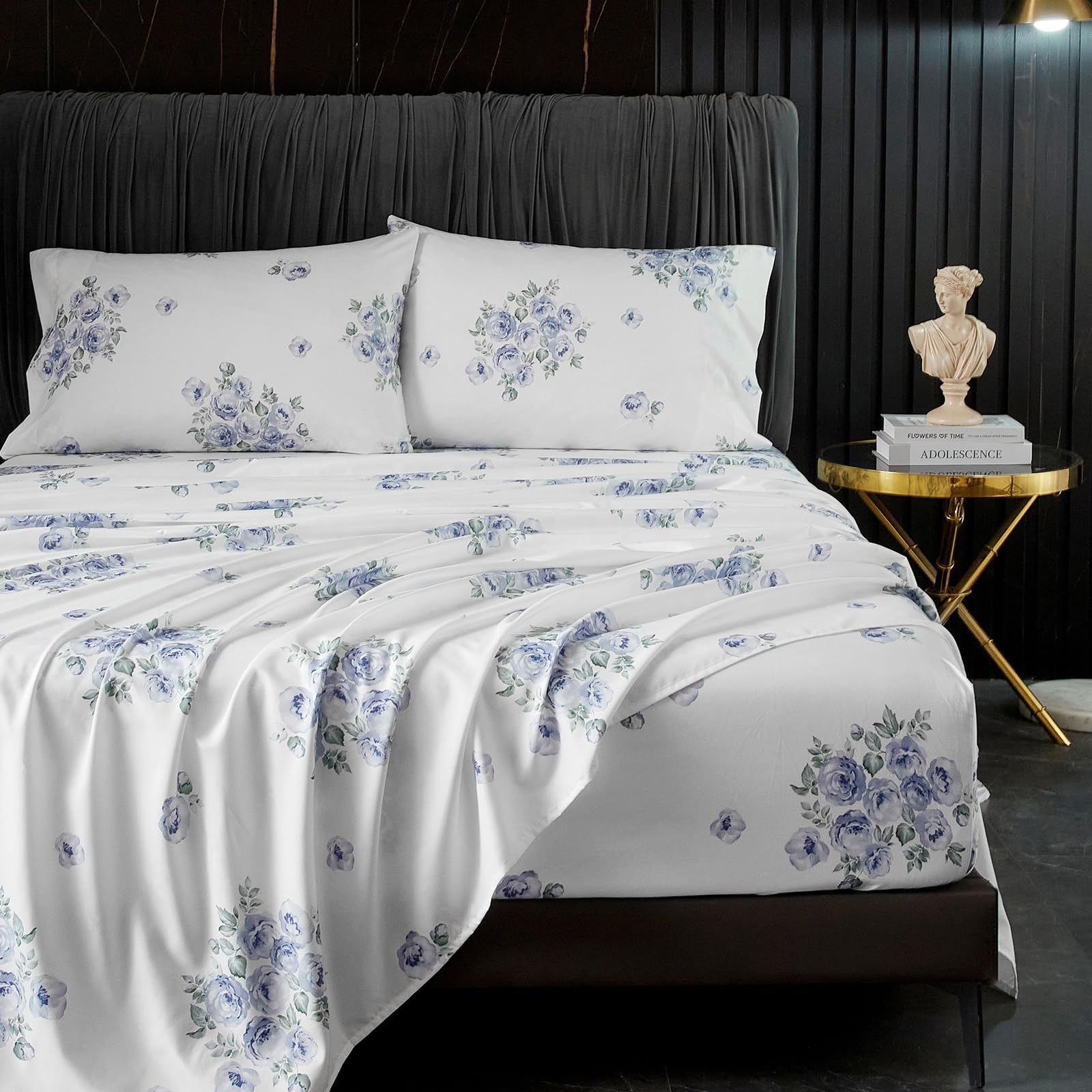 Hyprest Blue Floral Sheets Queen Size,18 Inches Deep Pocket Sheets 1800 Thread Count, 4 Pieces Floral Bed Sheets Soft Breathable