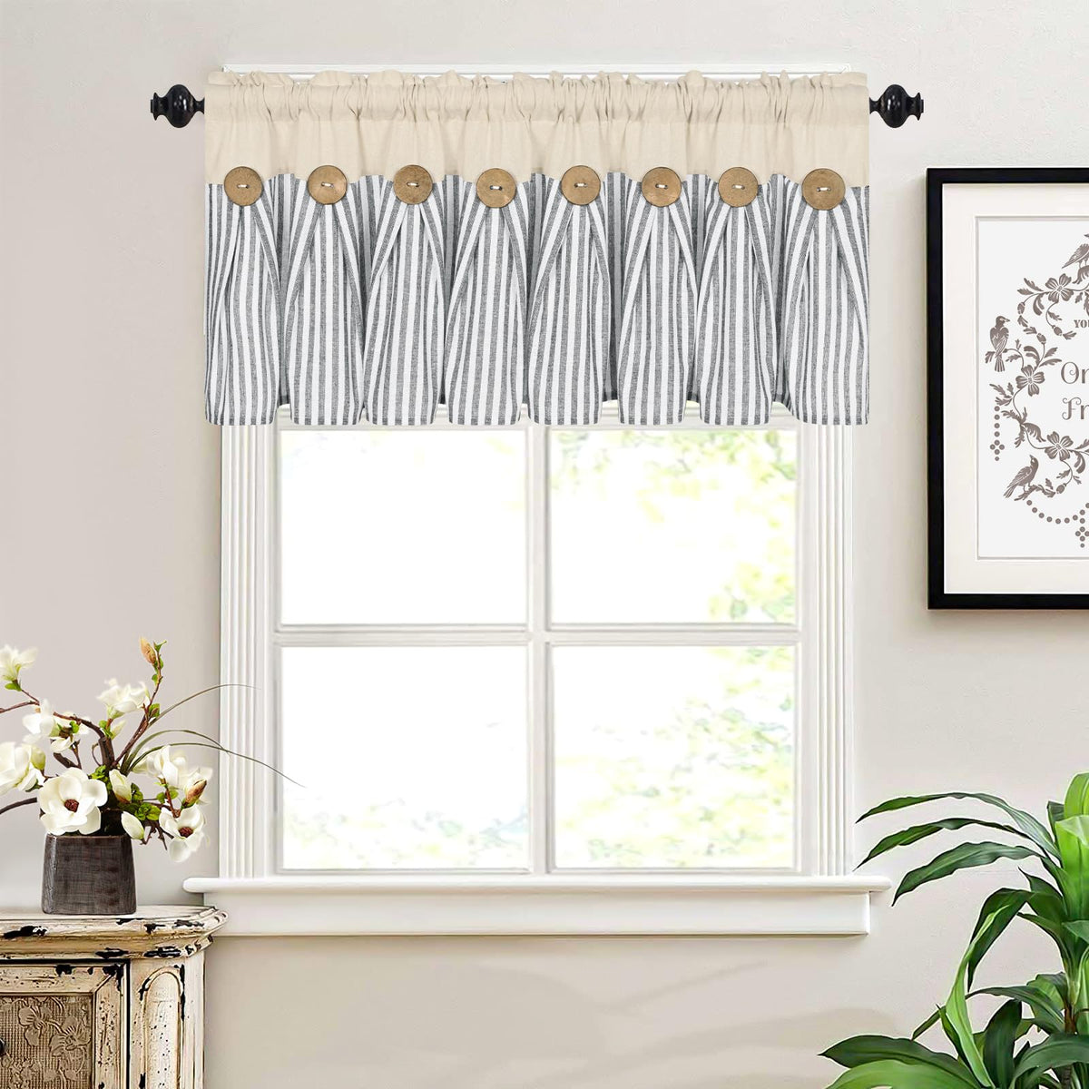 Cotton Linen Farmhouse Kitchen Valance Curtains Boho Rustic Button Valances Natural And Dark Grey Stripe Color Block Window Vala
