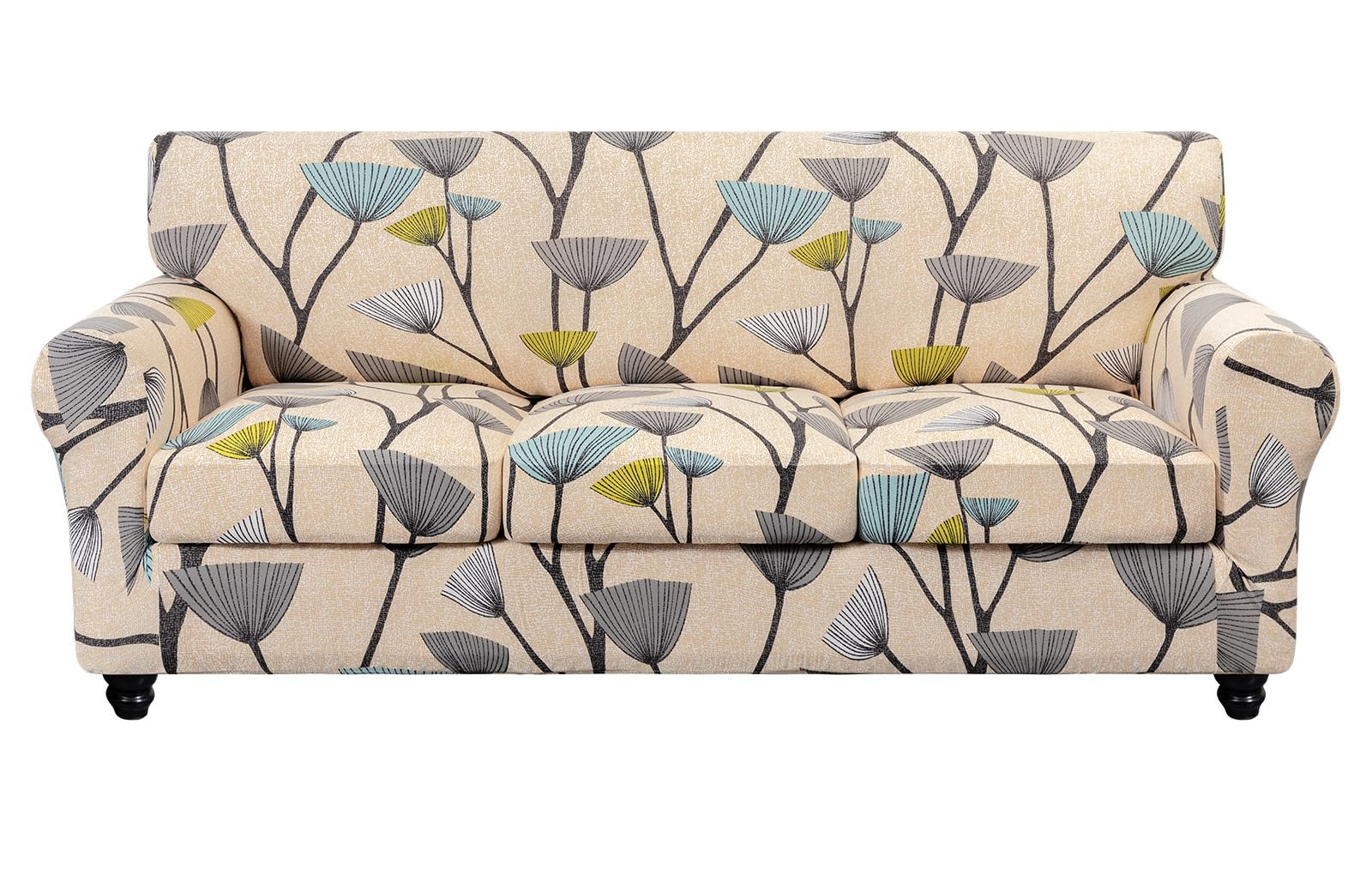 Searchi Stretch Sofa Cover Printed Couch Cover, Floral Pattern 4 Pieces Sofa Slipcover With 3 Separate Cushion Cover, Washable Furniture Protector For Living Room(Sofa, Dandelion Pattern)