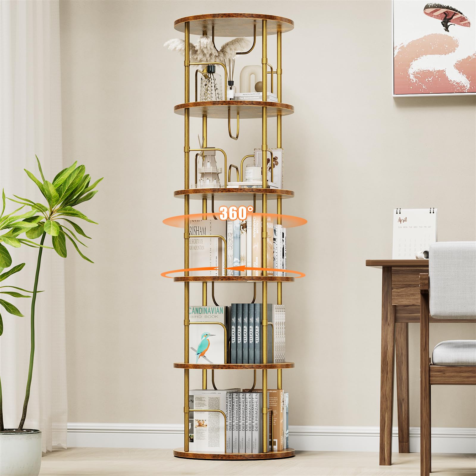 ALLSTAND 5 Tier Rotating Bookshelf, 360  Display Stackable Spinning Bookshelf Tower, Narrow Space Saving Tall Floor Standing Swi