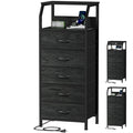 Furnulem 5 Drawers Dresser With Charging Station, Fabric Chest Of Drawers With Open Shelf, Tall Night Stand, Bedside Table For Closet, Entryway, Bedroom Furniture, 3 Ways To Use, Black Oak