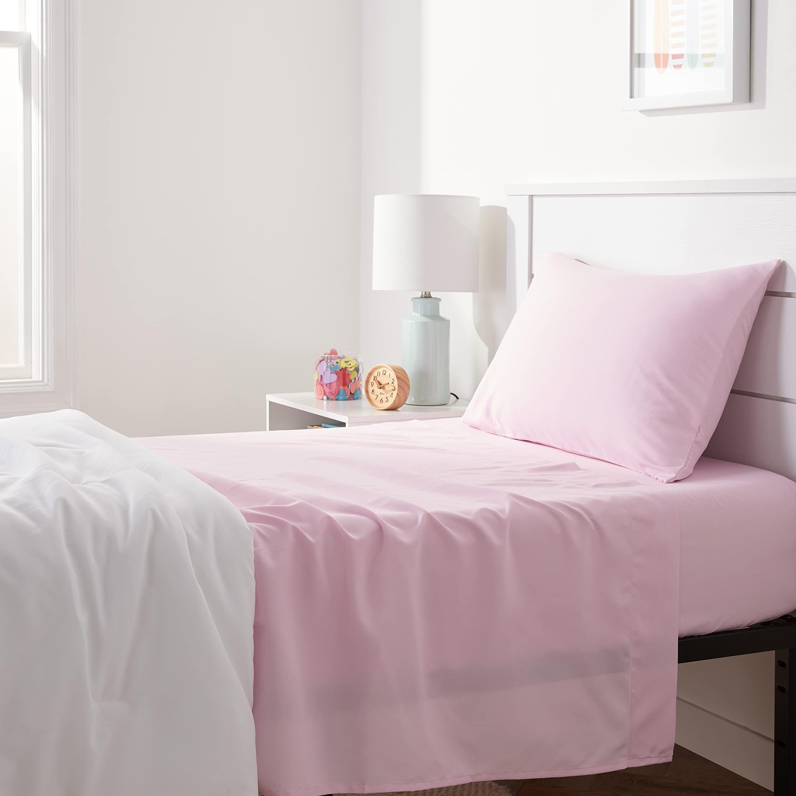 Amazon Basics Kids Soft Easy-Wash Lightweight Microfiber 3-Piece Sheet Set, Twin, Light Pink, Solid