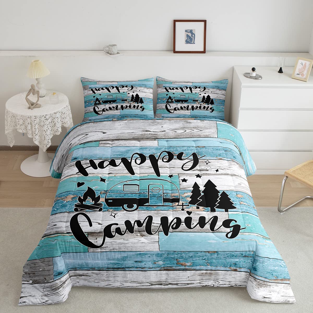Camper Adventure Comforter Set Full Size,Happy Camping Rv Trailer Decor Bedding Set 3Pcs For Kids Boys Girls Adults,Rustic Farmh