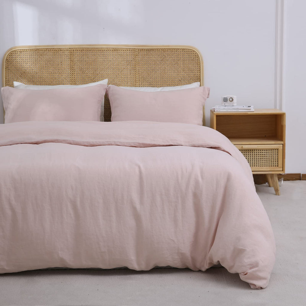 Simple&Opulence 100% Linen Duvet Cover Set, 3 PCS Pure Natural French Flax Blush Pink Duvet Cover King Size, Breathable Soft Com