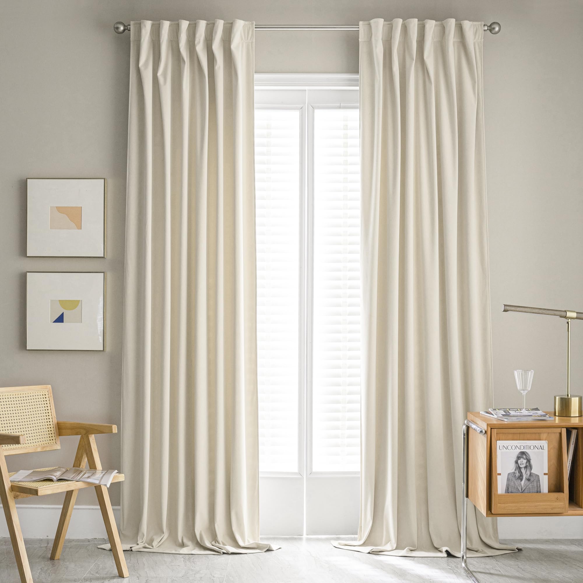 Mumfas Velvet Curtains 120 Inches Long Floor To Ceiling Backdrop Extra Long Tall Curtains Drapery For Living Room, Ivory/Off Whi