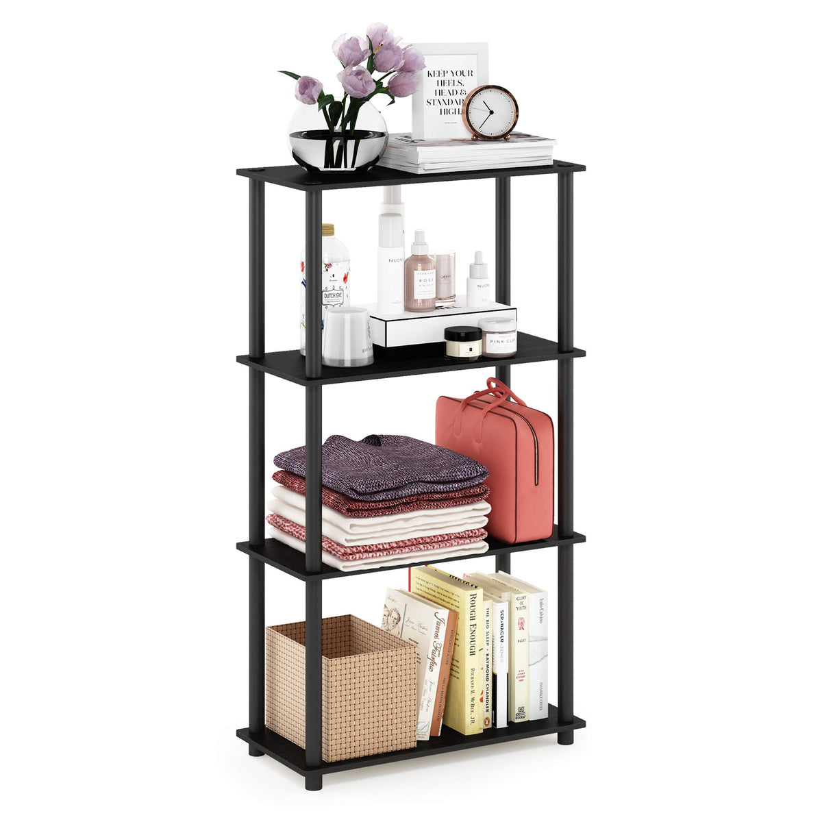 Furinno Turnntube 4Tier Multipurpose Shelf Display Rack, Round Tubes, Americano/Black