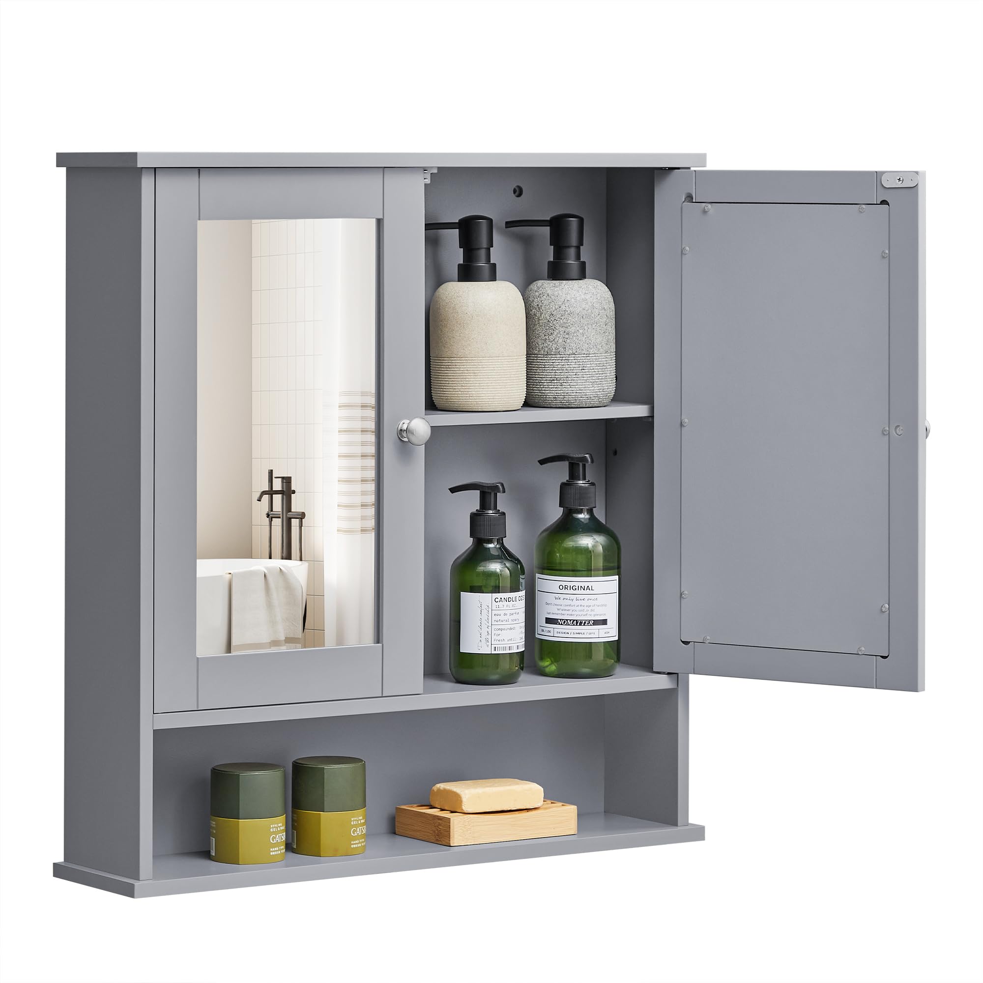 VASAGLE Bathroom Cabinet with Mirror, Wall Cabinet with 2 Mirrored Doors, Adjustable Shelf, Open Compartment, Wall-Mounted, 5.1 