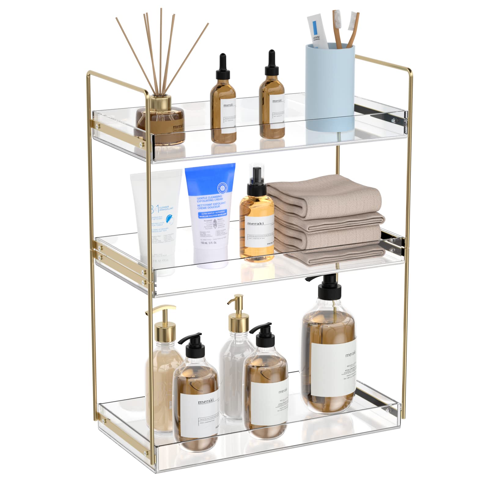 Bathroom Countertop Organizer, 3 Tier Acrylic Tray Vanity Counter Skincare Organizer Shelf, Kitchen Under Sink Standing Rack, Ho