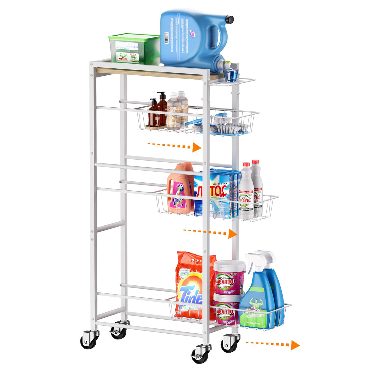 PAPAGIFTREE 4 Tier Slim Rolling Storage Cart with PullOut Baskets, Narrow Sliding Storage Slim Laundry Cart Slim Rolling Kitche