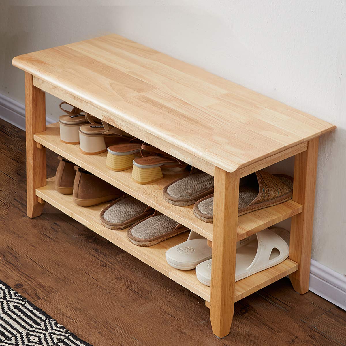 Xkzg Storage Bench Wooden Shoe Bench Simple Style Wood Entryway Bench Shoe Rack (Natural,31.5')