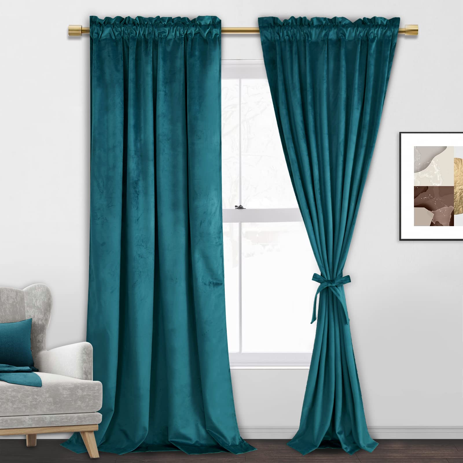 Jiuzhen Teal Velvet Curtains Window Treatment Thermal Insulated Luxury Room Darkening Rod Pocket Backdrops For Living Room/Offic