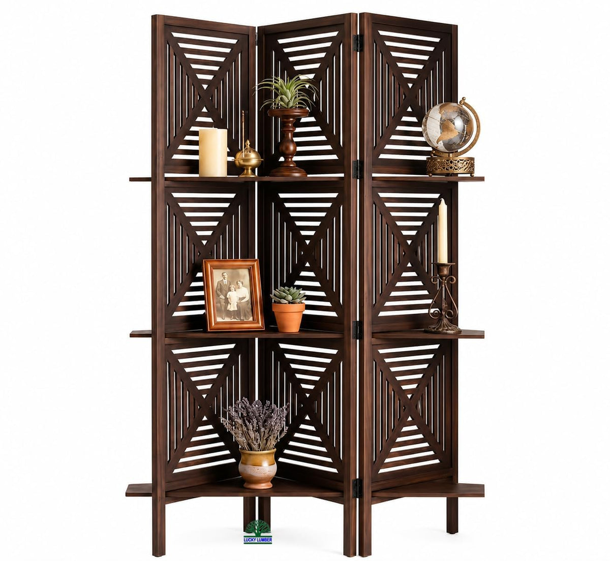 Lucky Lumber 3 Panel Wooden Room Divider Partition With Shelves, Folding Privacy Screen For Living Room & Bedroom, Decorative Ja