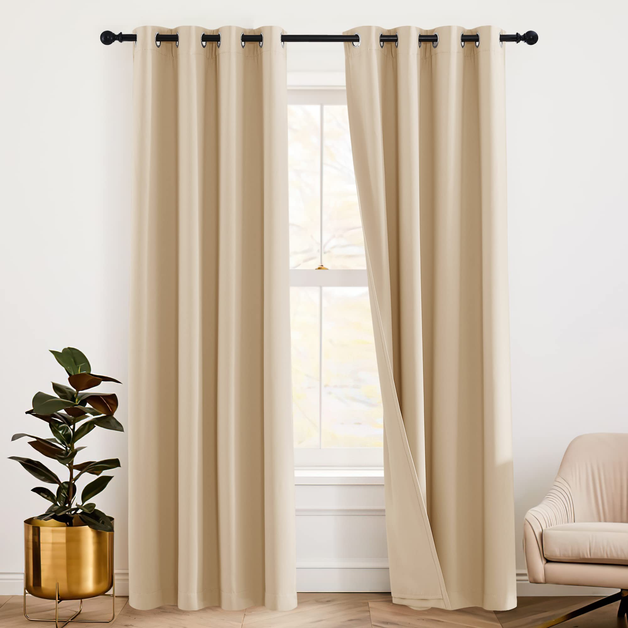 RYB HOME Noise Cancelling Curtains - 3 Layers Blackout Curtains Grommet Privacy Thermal Insulated Window Drapes for Living Room 