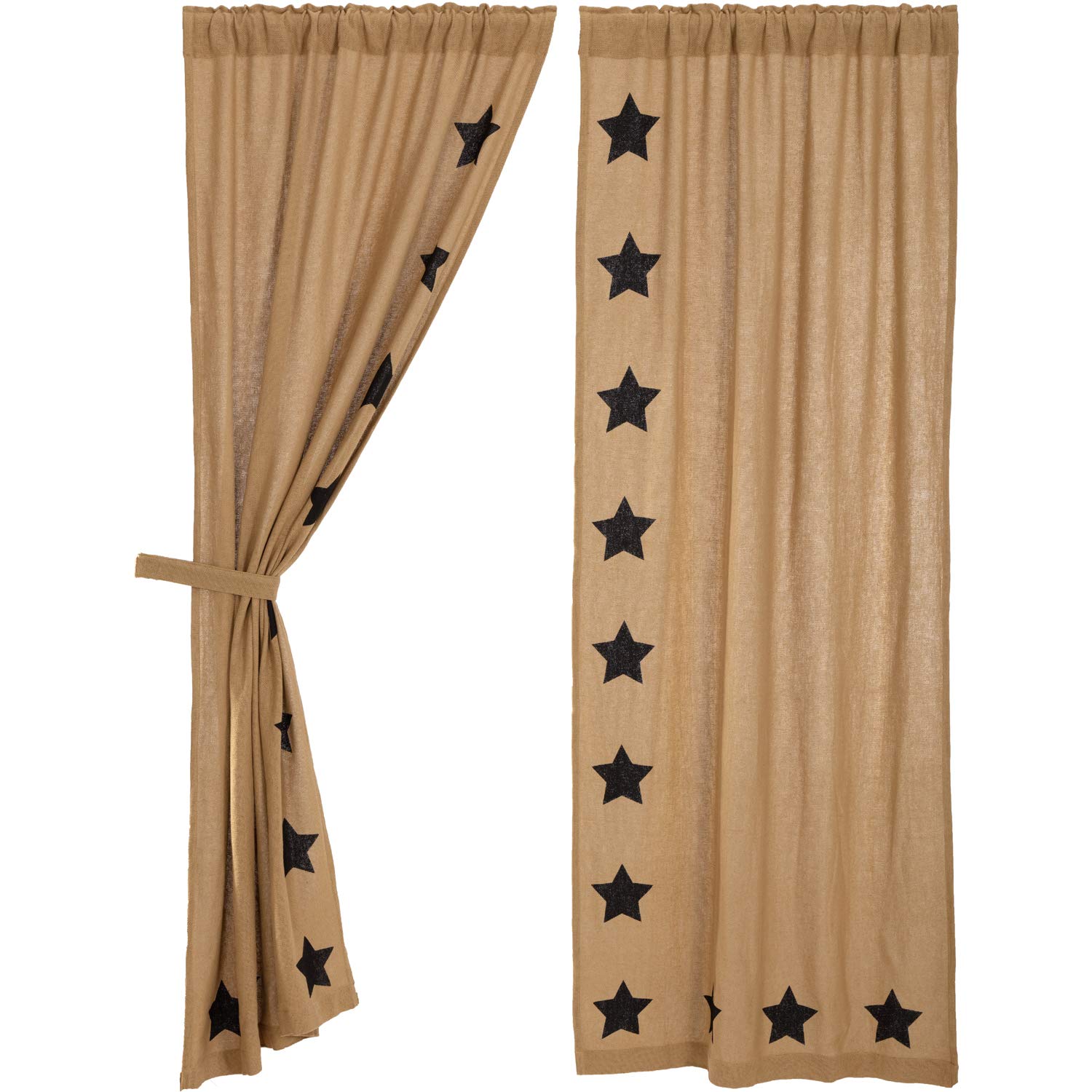Burlap Natural With Black Stars Primitive 84'X40' Panel Pair Tan Rod Pocket Stenciled Cotton Tie Back(S) Window Curtains