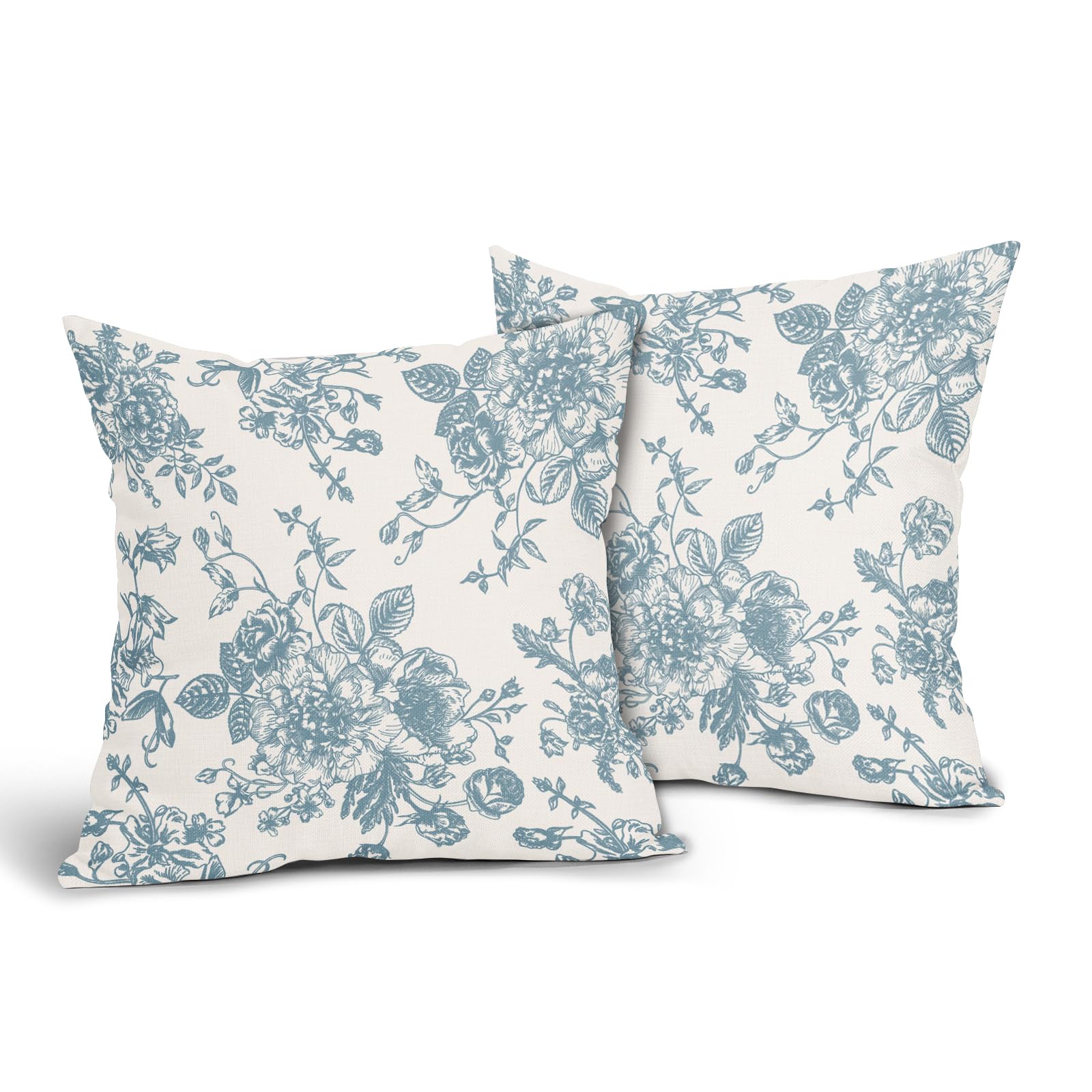 Smoke Blue And Cream Floral Pillow Covers 18X18 Inch Set Of 2 Vintage Floral Throw Pillow Covers Chinoiserie Flower Pillowcases