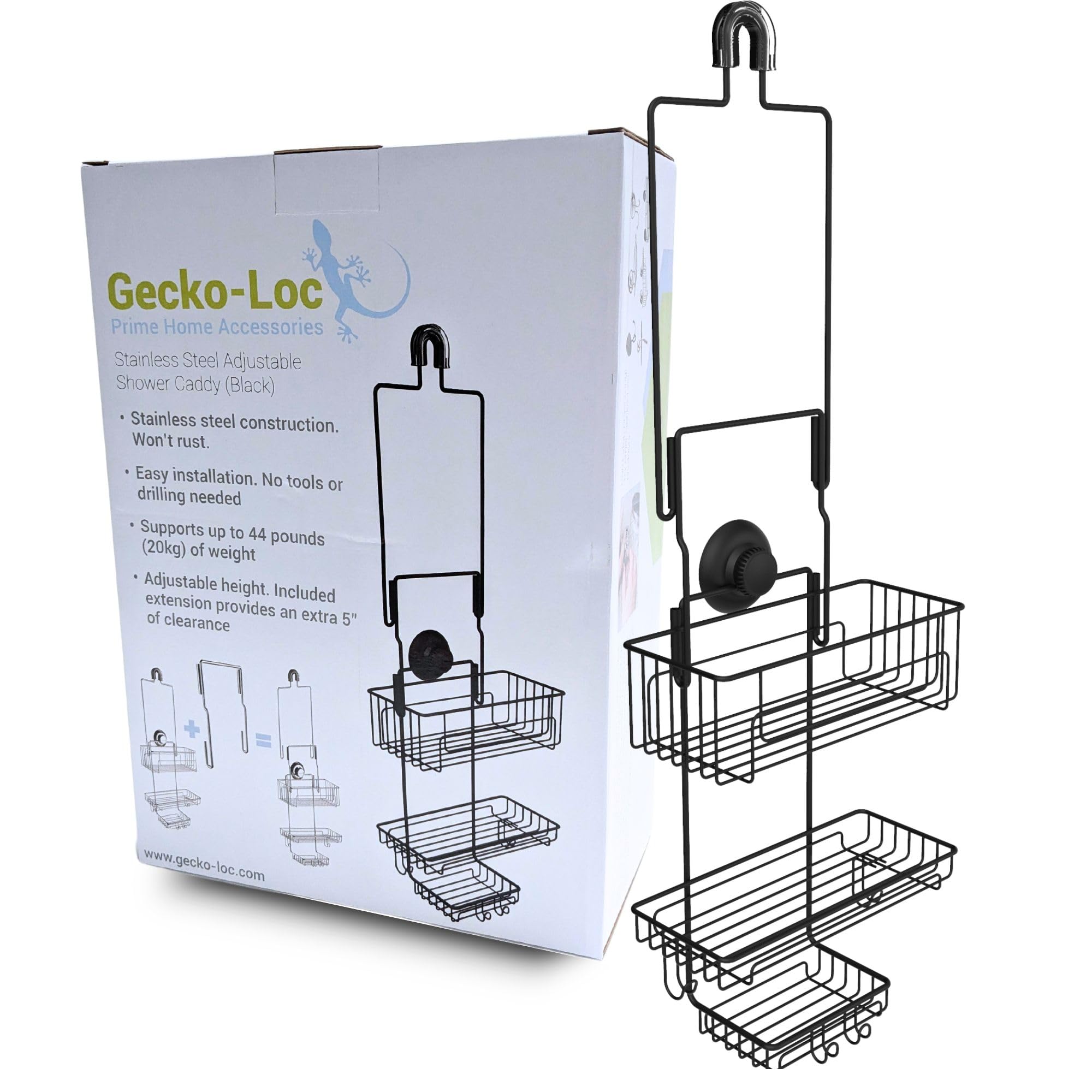 Gecko-Loc Extra Long Adjustable Length over the showerhead hanging shower caddy - bathroom caddies - for Shampoo, Soap, & Razors