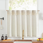 Jinchan Linen Kitchen Curtain With Tassels 36 Inch Boho Tier Curtain Beige Farmhouse Cafe Curtain Light Filtering Small Window Curtain For Bathroom Laundry Room Rv Rod Pocket Back Tab 1 Panel Crude