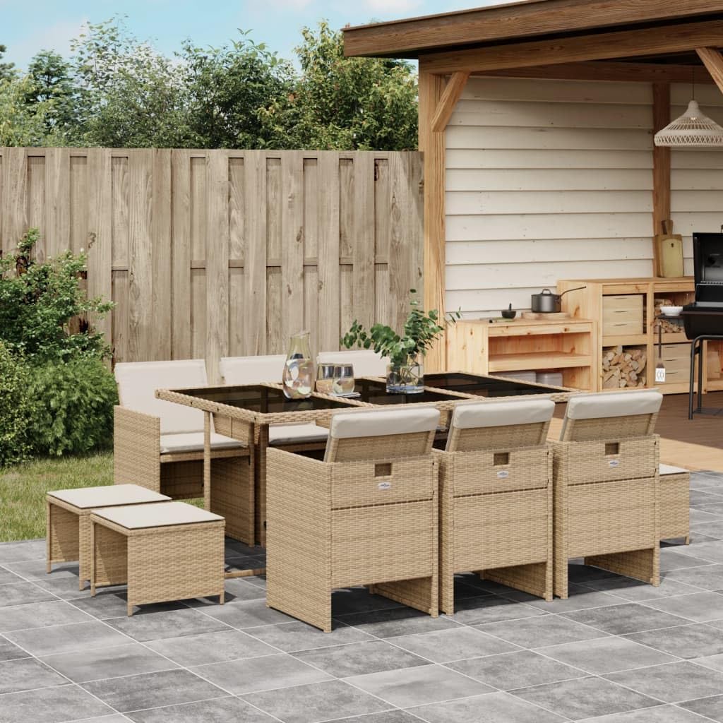 vidaXL 11 Piece Patio Dining Set – Beige Poly Rattan, Cushions Included, Space-Saving Storage, Tempered Glass Table for Outdoor/Backyard/Patio