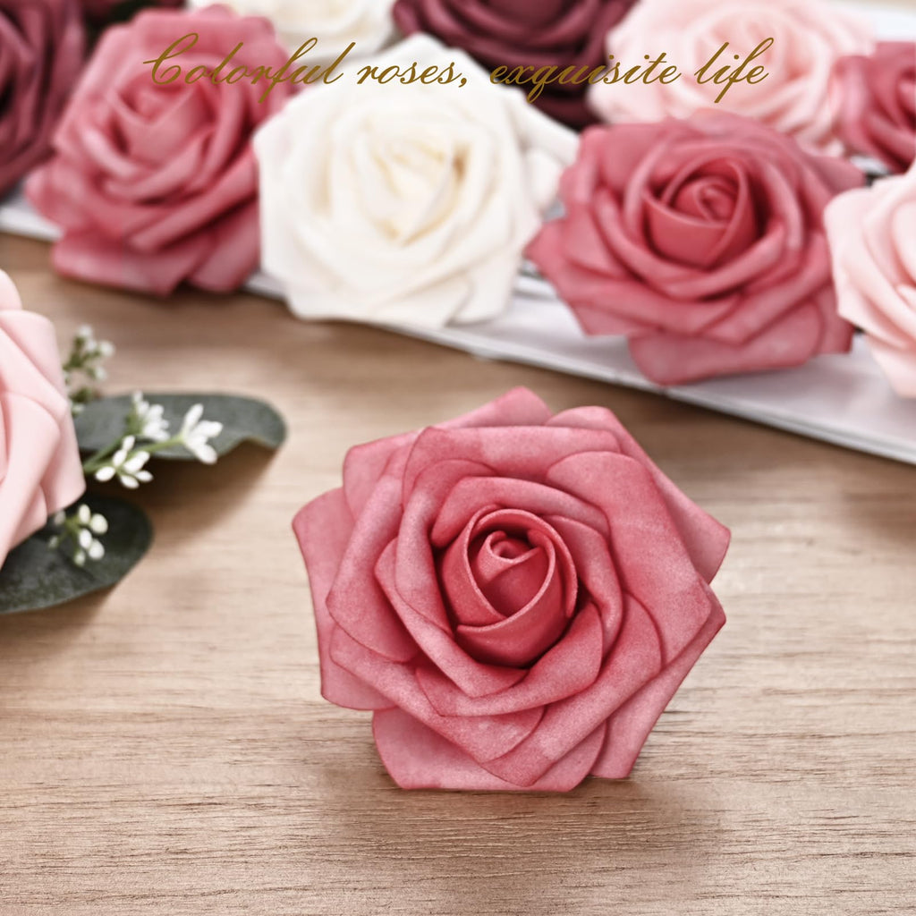 Bleum Cade 36Pcs Artificial Flowers Fake Roses With Stems, Gradient Burgundy Boxed Foam Roses For Diy Bouquets Centerpieces Wedd
