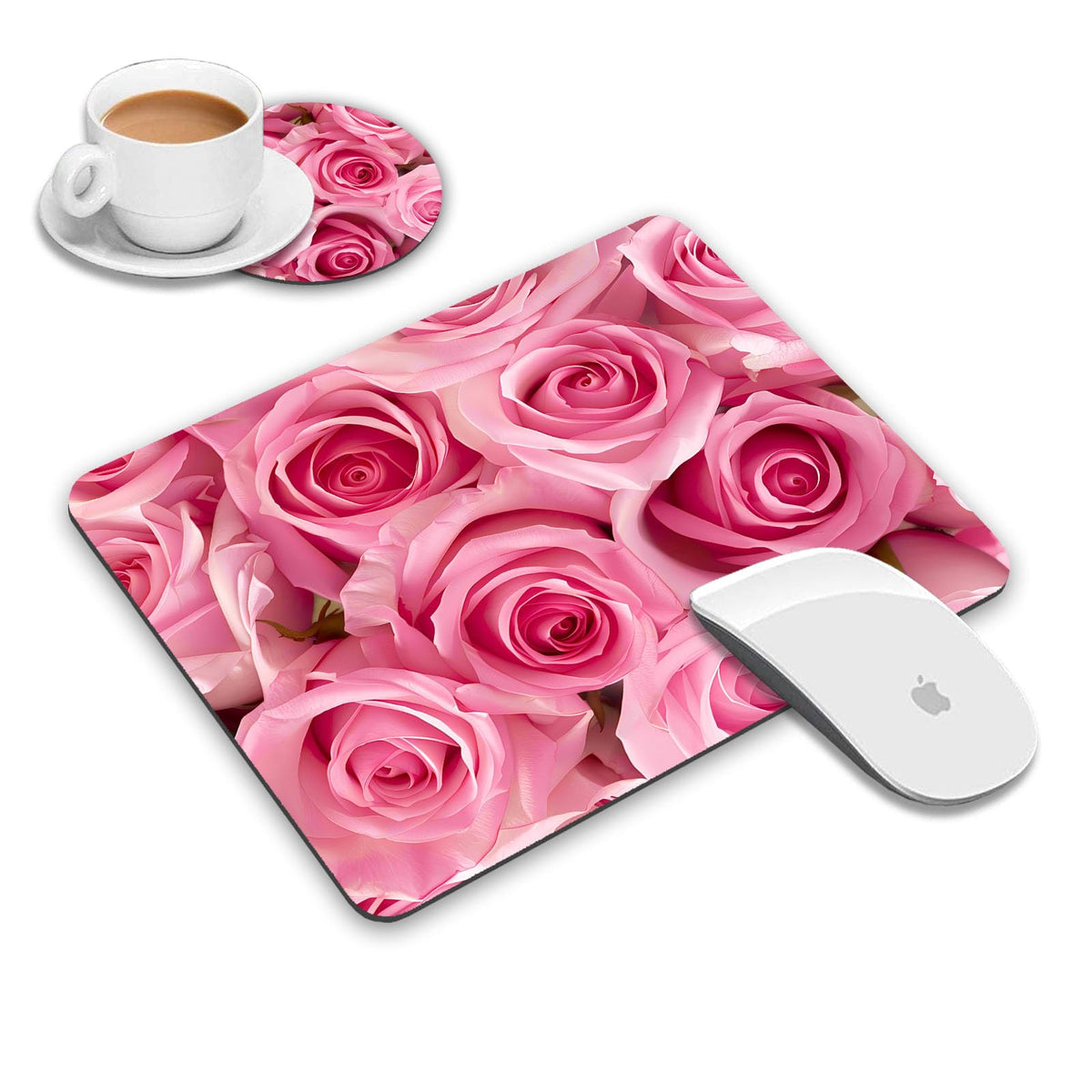 Loworo Mouse Pad And Coasters Set, Pink Roses Mouse Pad, Non-Slip Rubber Base Rectangle Mouse Pads For Laptop And Computer Offic
