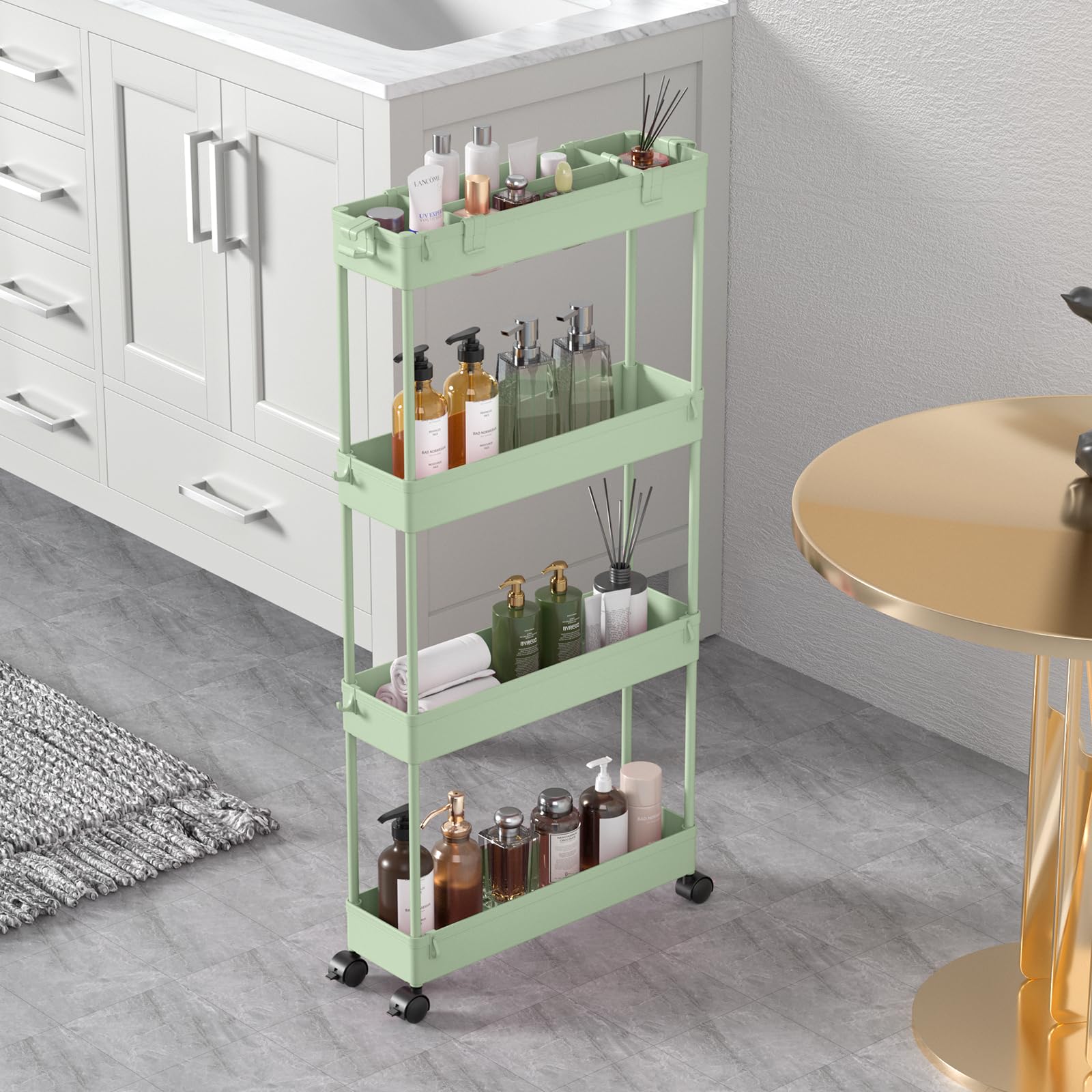 Spacelead Slim Storage Cart 4 Tier,Bathroom Organizer Rolling Utility,Mobile Shelving Unit Slide Out For Office, Kitchen, Laundry Room & Narrow Places,Green