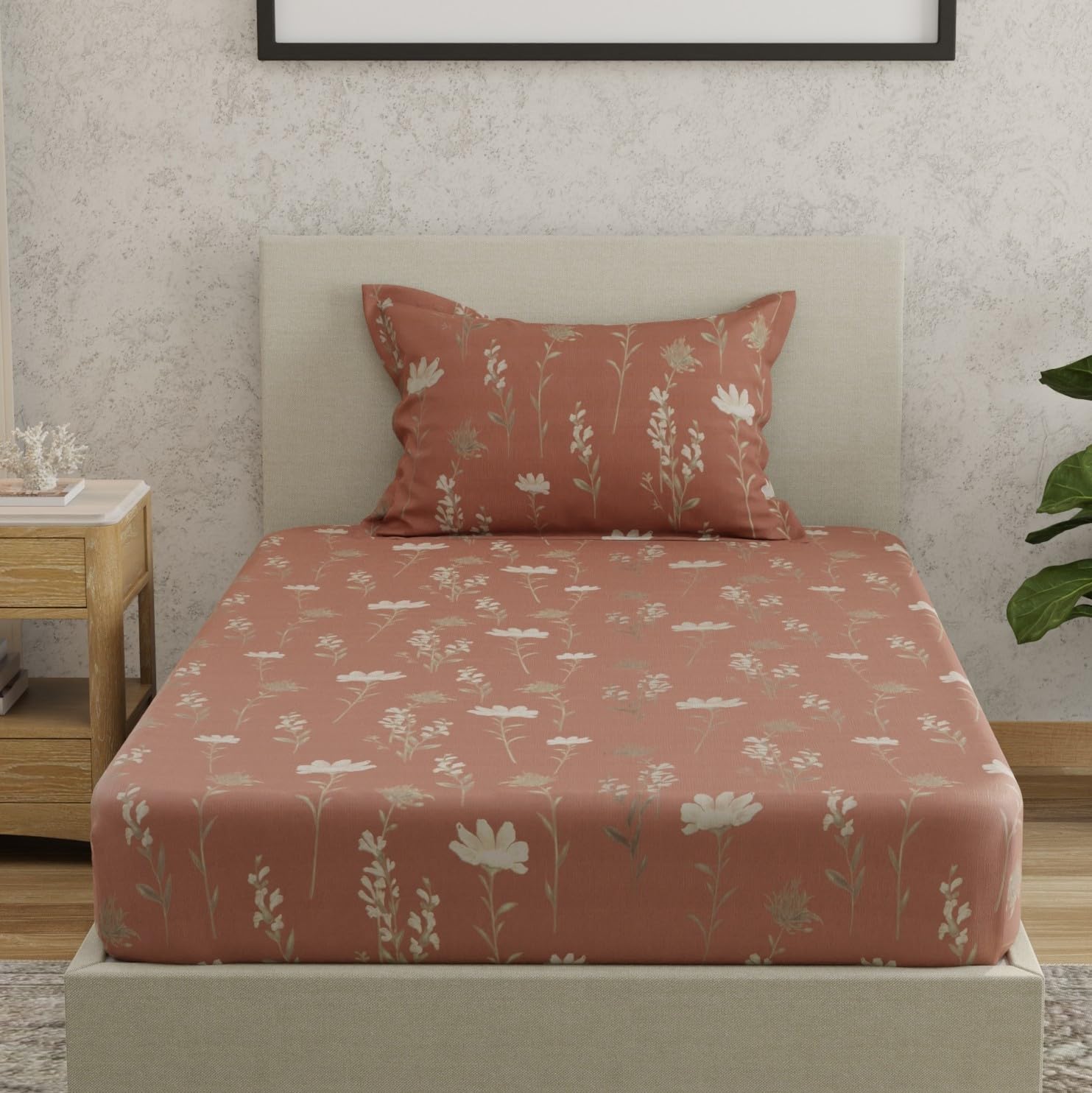 Huesland By Ahmedabad Cotton 144 Tc Bedsheet For Single Bed With 1 Pillow Cover | Rust, White & Grey