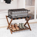 Smart FENDEE Fully Assembled Walnut Bamboo Luggage Racks with Storage Shelf, 5 Heavy-Duty Straps Folding Suitcase Stand, Large L