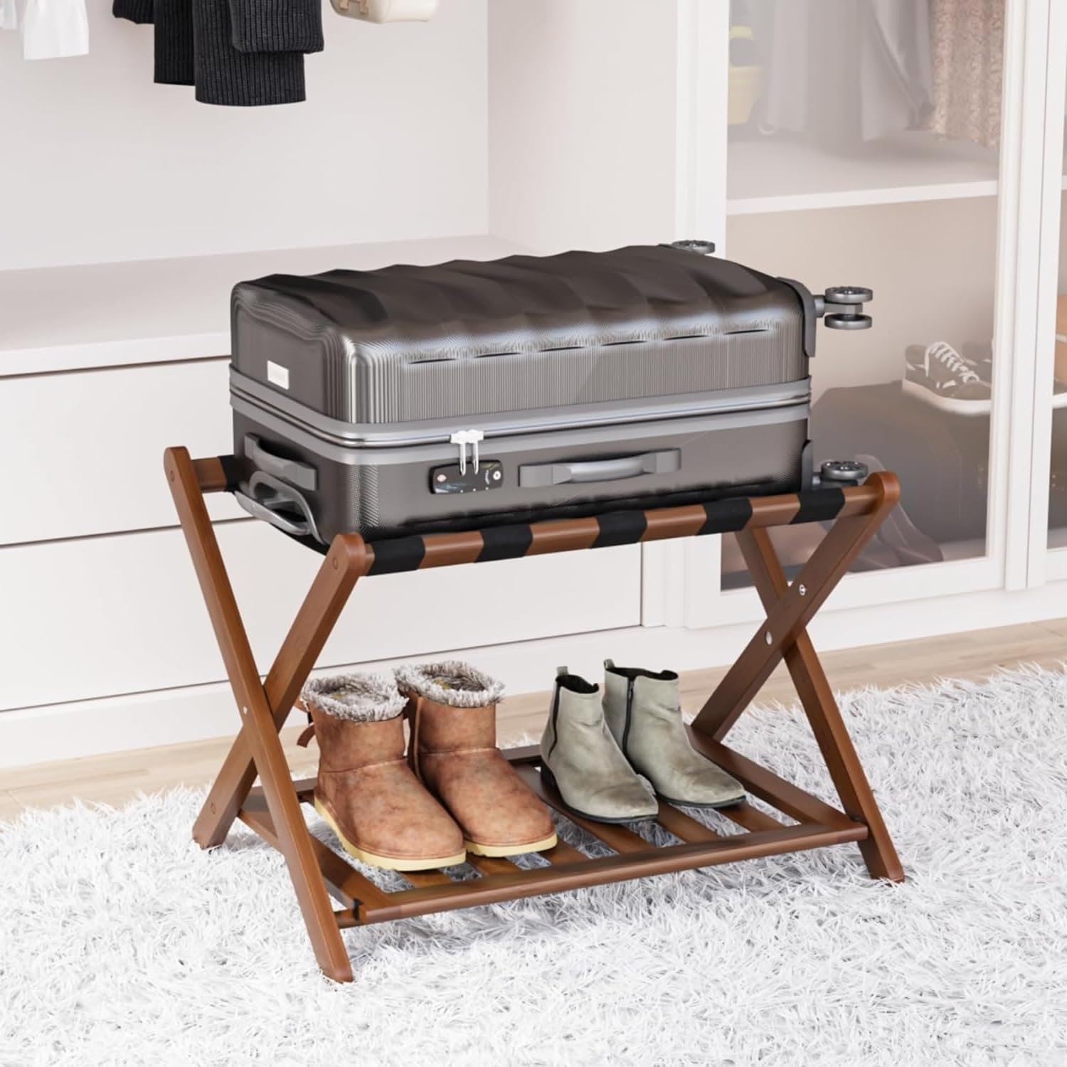 Smart FENDEE Fully Assembled Walnut Bamboo Luggage Racks with Storage Shelf, 5 Heavy-Duty Straps Folding Suitcase Stand, Large L
