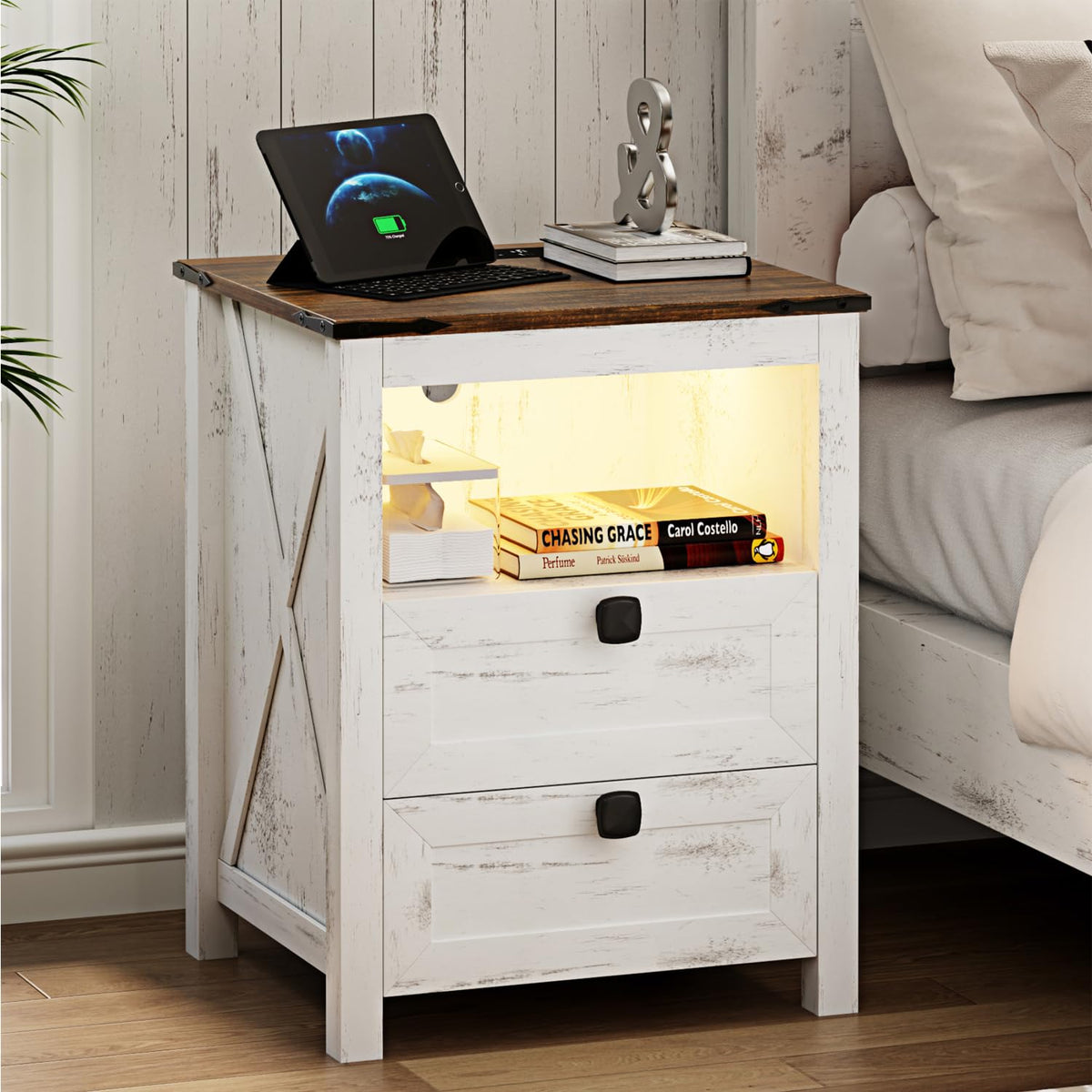 Fredees Farmhouse Nightstand With Charging Station & Power Outlets, Smart Led Night Stand With Human Sensor 3 Color Lights&Drawe